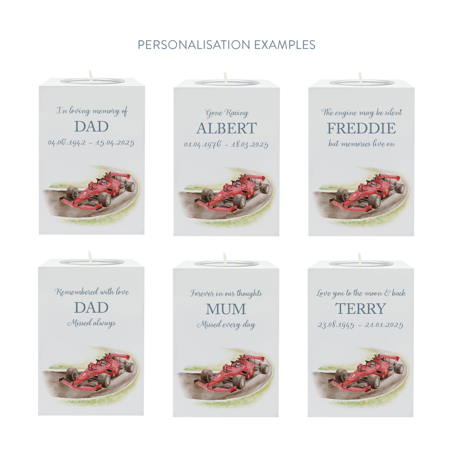 wooden cuboid luxury tealight holder with gorgeous personalised options . Each product is lovingly designed, handmade with our Countryside inspired watercolour designs. This design features a Race Car on a race track, perfect for Brother, Dad, Son or Grandad. unique designs to remember a loved on, great for memorial occasions 