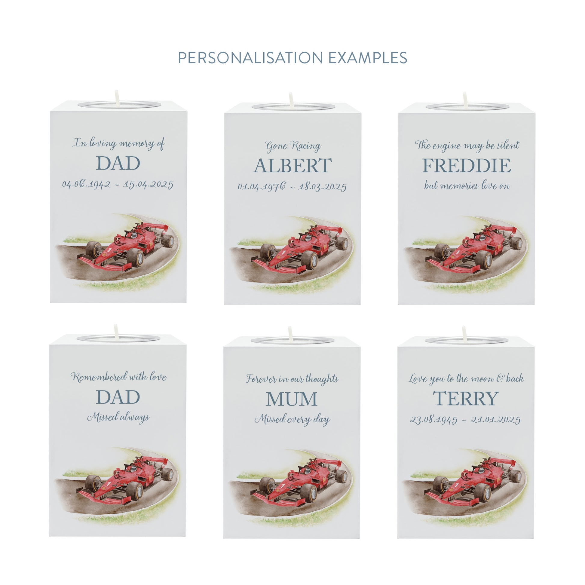 wooden cuboid luxury tealight holder with gorgeous personalised options . Each product is lovingly designed, handmade with our Countryside inspired watercolour designs. This design features a Race Car on a race track, perfect for Brother, Dad, Son or Grandad. unique designs to remember a loved on, great for memorial occasions 