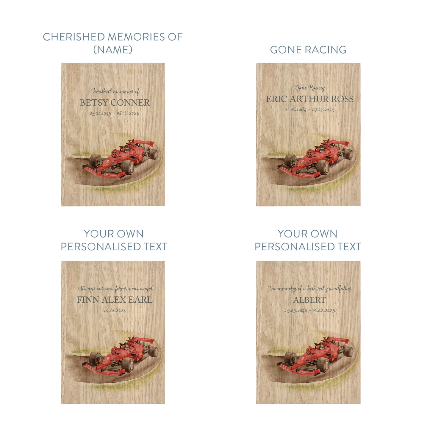 Memorial Solid Oak Photo Frame, personalise with your own message or select from our drop down selection. handmade watercolour paintings, this design features a Race car on a track. Perfect for Grandad, Dad, Uncle, Brother