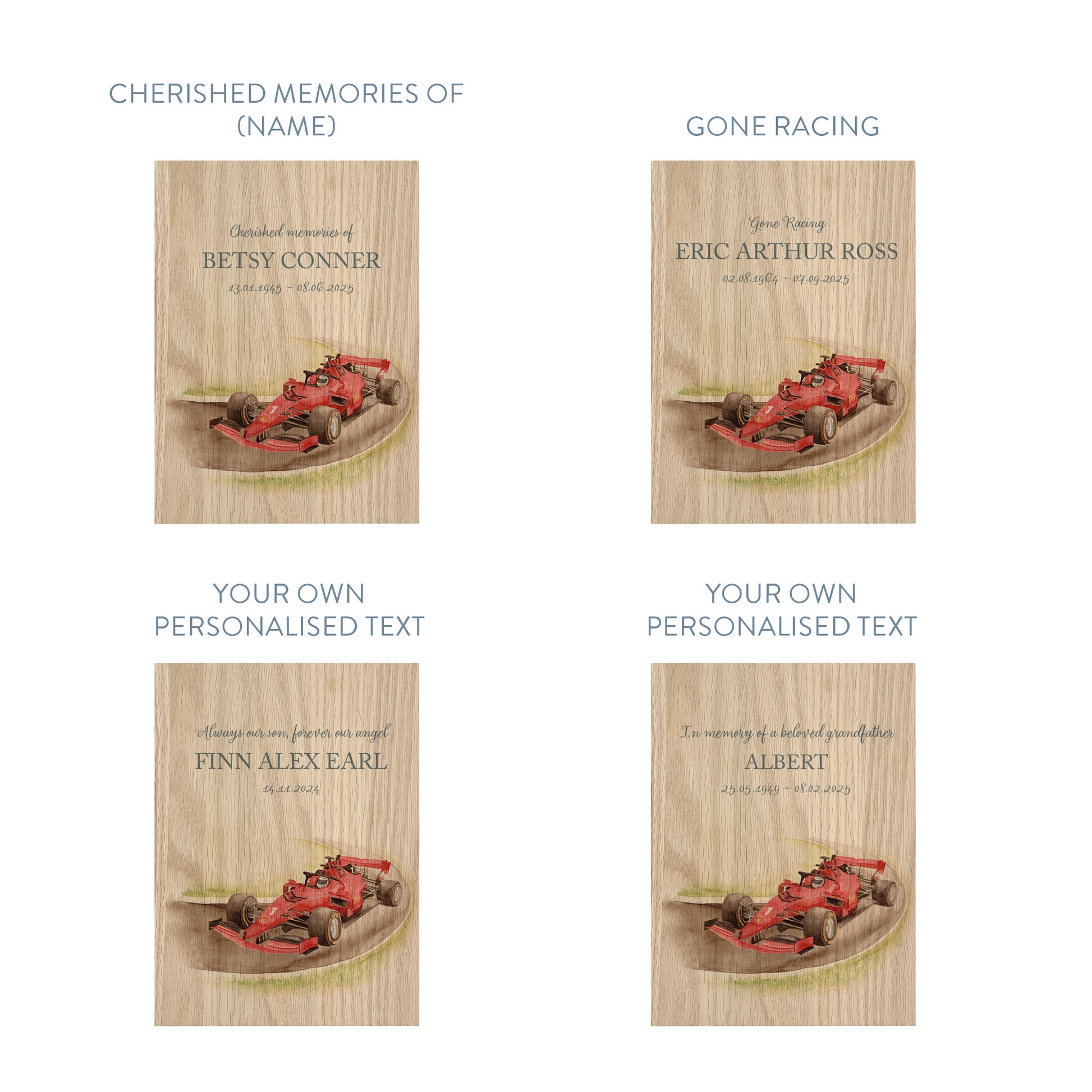 Memorial Solid Oak Photo Frame, personalise with your own message or select from our drop down selection. handmade watercolour paintings, this design features a Race car on a track. Perfect for Grandad, Dad, Uncle, Brother