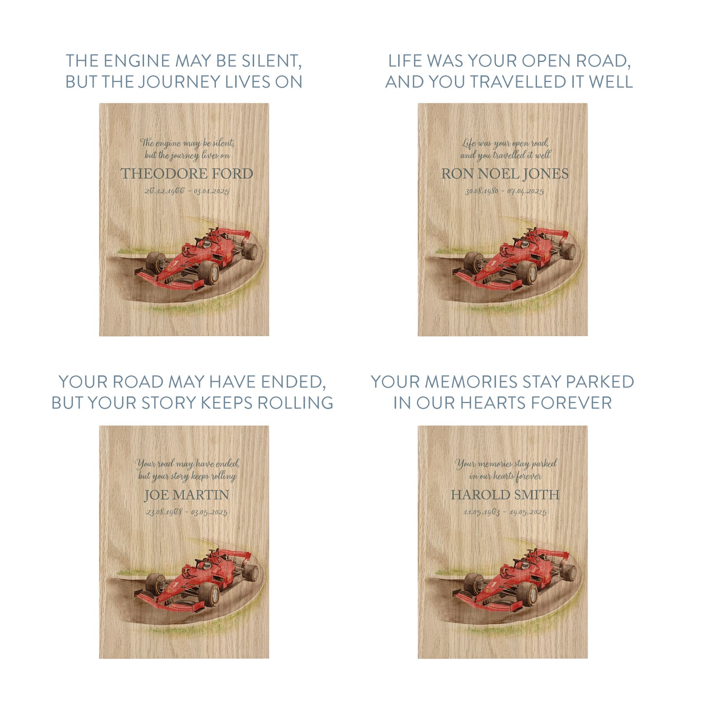 Memorial Solid Oak Photo Frame, personalise with your own message or select from our drop down selection. handmade watercolour paintings, this design features a Race car on a track. Perfect for Grandad, Dad, Uncle, Brother