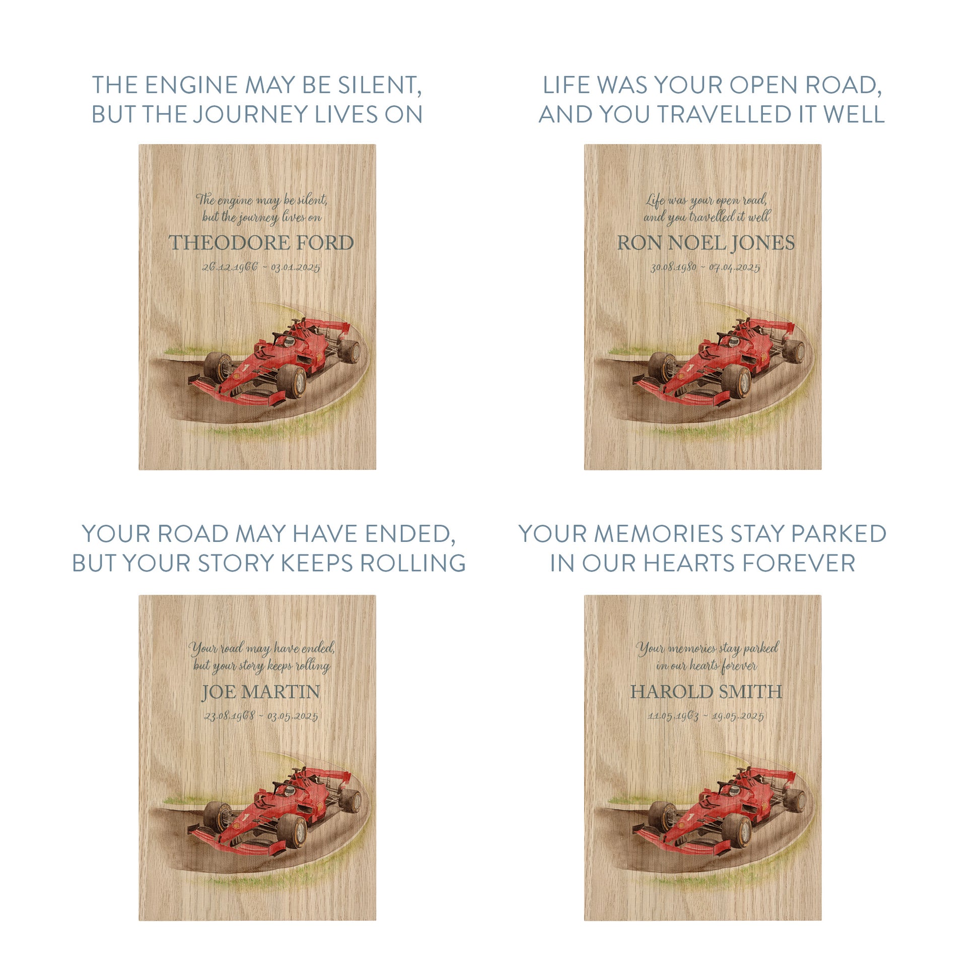 Memorial Solid Oak Photo Frame, personalise with your own message or select from our drop down selection. handmade watercolour paintings, this design features a Race car on a track. Perfect for Grandad, Dad, Uncle, Brother