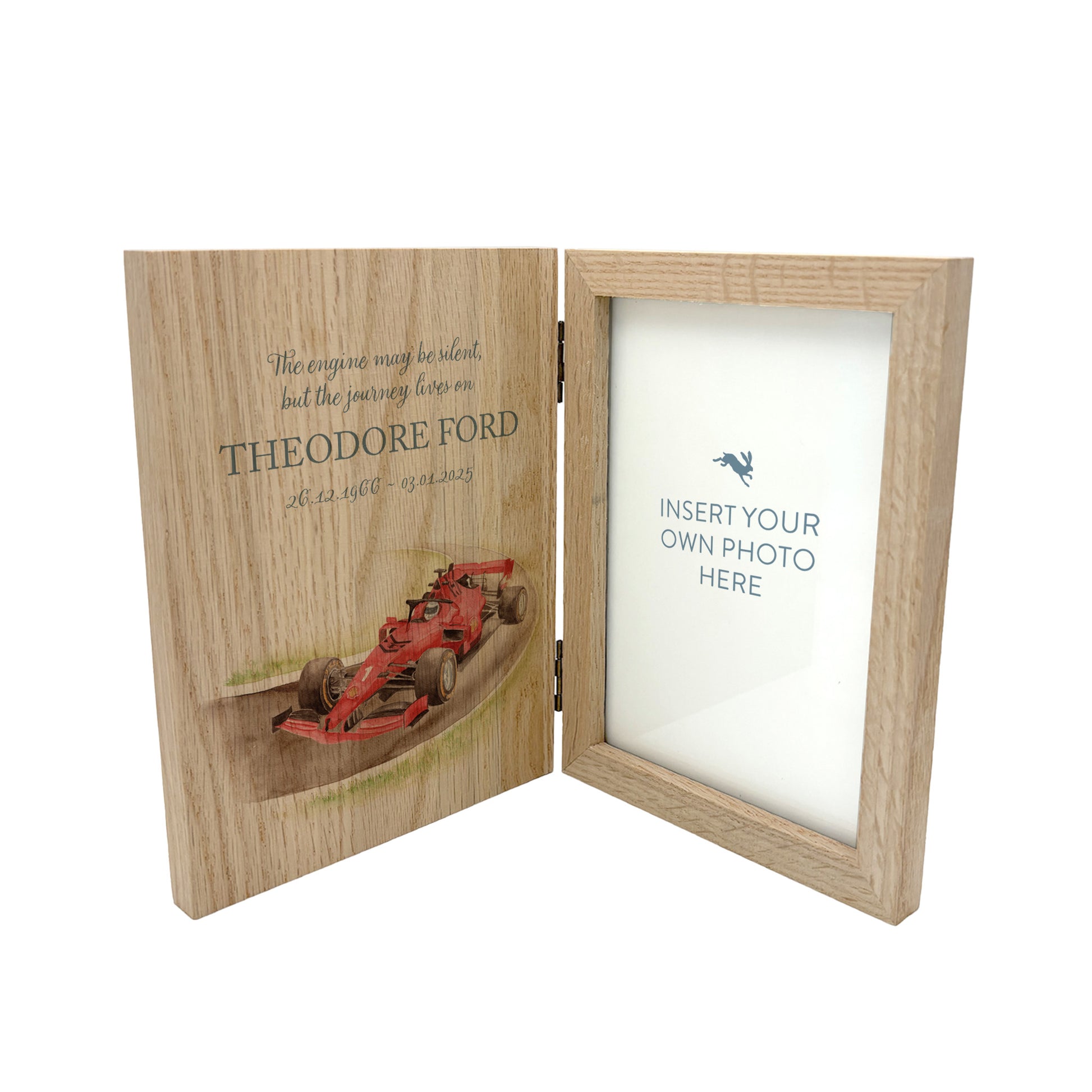 Memorial Solid Oak Photo Frame, personalise with your own message or select from our drop down selection. handmade watercolour paintings, this design features a Race car on a track. Perfect for Grandad, Dad, Uncle, Brother