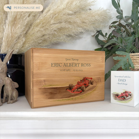 A beautifully crafted solid Bamboo wooden urn, personalised and finished with a soft watercolour design of a race car on a track, for the person who loved cars and all things racing. Great for Dad, Grandad, Brother, Son, Uncle.  Thoughtfully made for either display or burial, this personalised urn can be customised to create a meaningful memorial. Perfect for holding ashes of a loved one or a beloved pet, it serves as a comforting tribute and keepsake. 