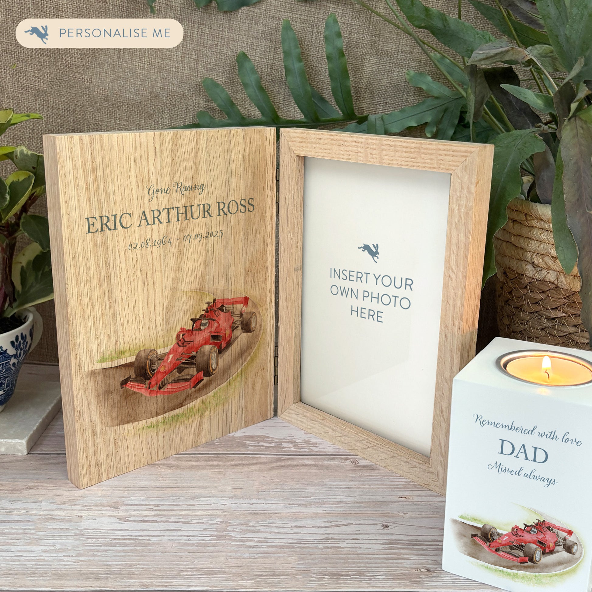 Memorial Solid Oak Photo Frame, personalise with your own message or select from our drop down selection. handmade watercolour paintings, this design features a Race car on a track. Perfect for Grandad, Dad, Uncle, Brother