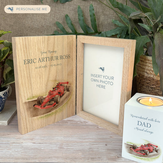Memorial Solid Oak Photo Frame, personalise with your own message or select from our drop down selection. handmade watercolour paintings, this design features a Race car on a track. Perfect for Grandad, Dad, Uncle, Brother