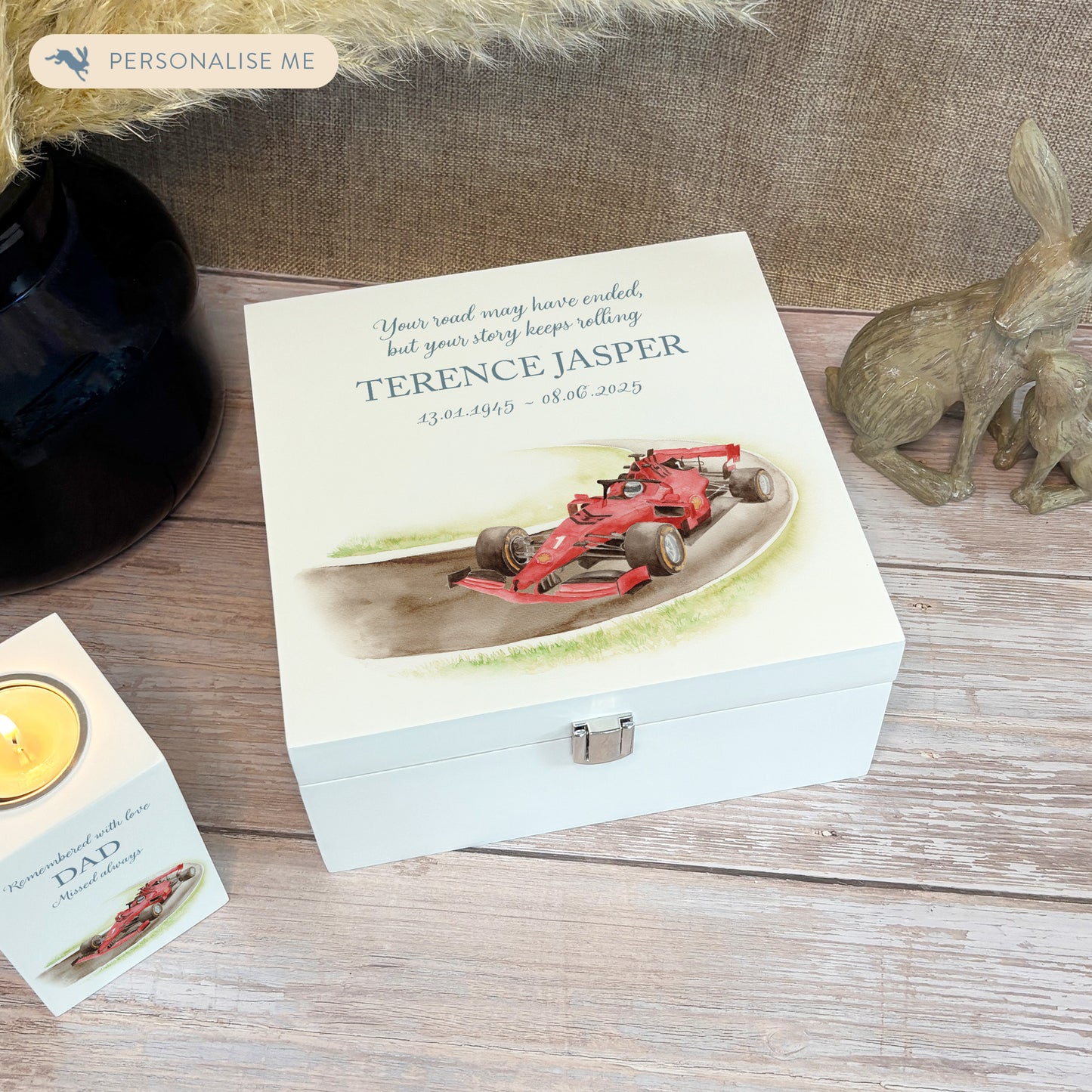 White Square personalised Wooden box with a decorative lid featuring illustrations of a race car on a track, perfect for Dad, Grandad, brother, son "Gone Racing" memorial Perfect funeral memory keepsake box, for storing ashes, order of service, flowers and capturing your loved ones things in one place. 