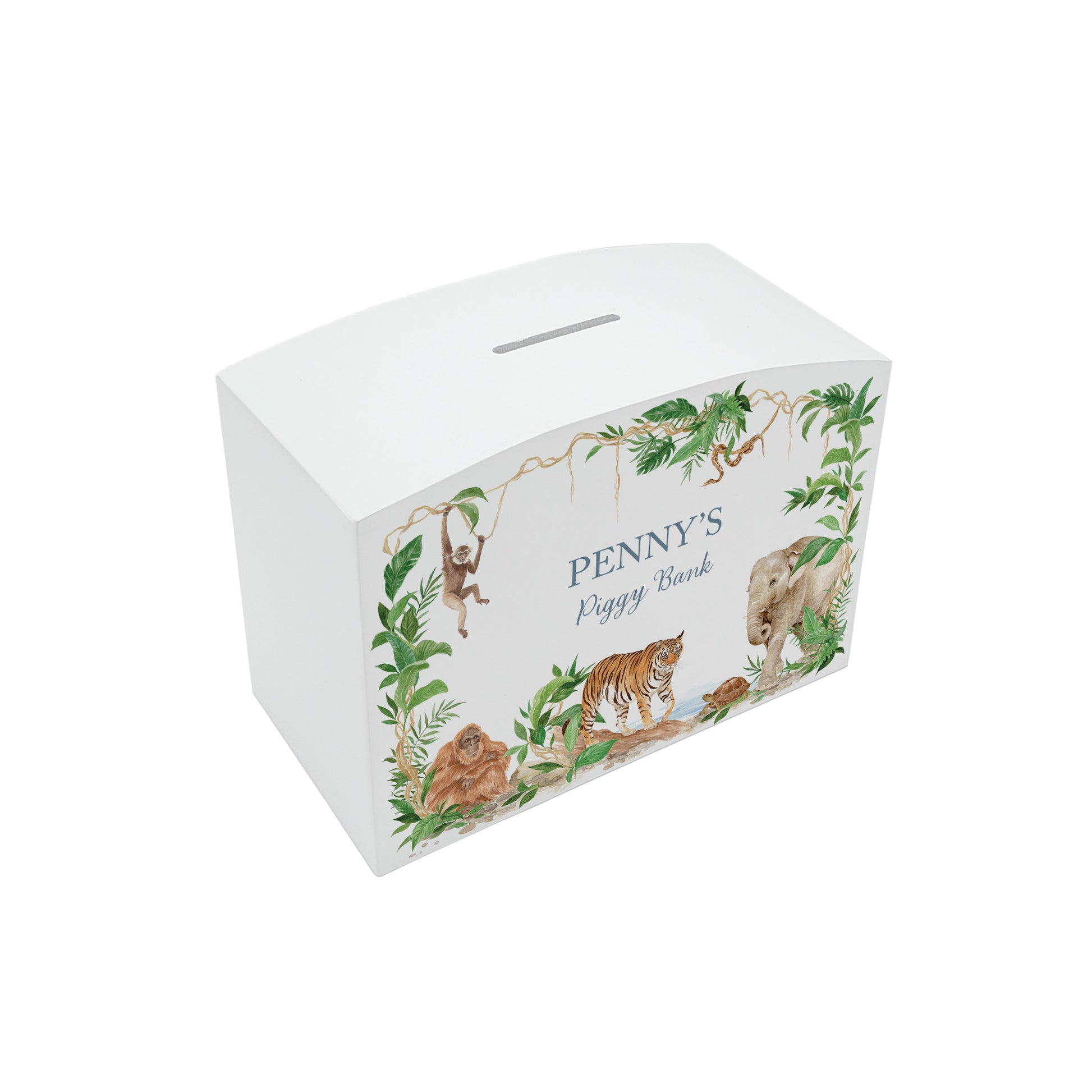 Water colour design money box, Elephant, Tiger, Giraffe, Monkey, Orangutan, snake and tortoise all gather together in the rainforest opening. This money box is the perfect new baby gift for a jungle/rainforest themed nursery or bedroom.  