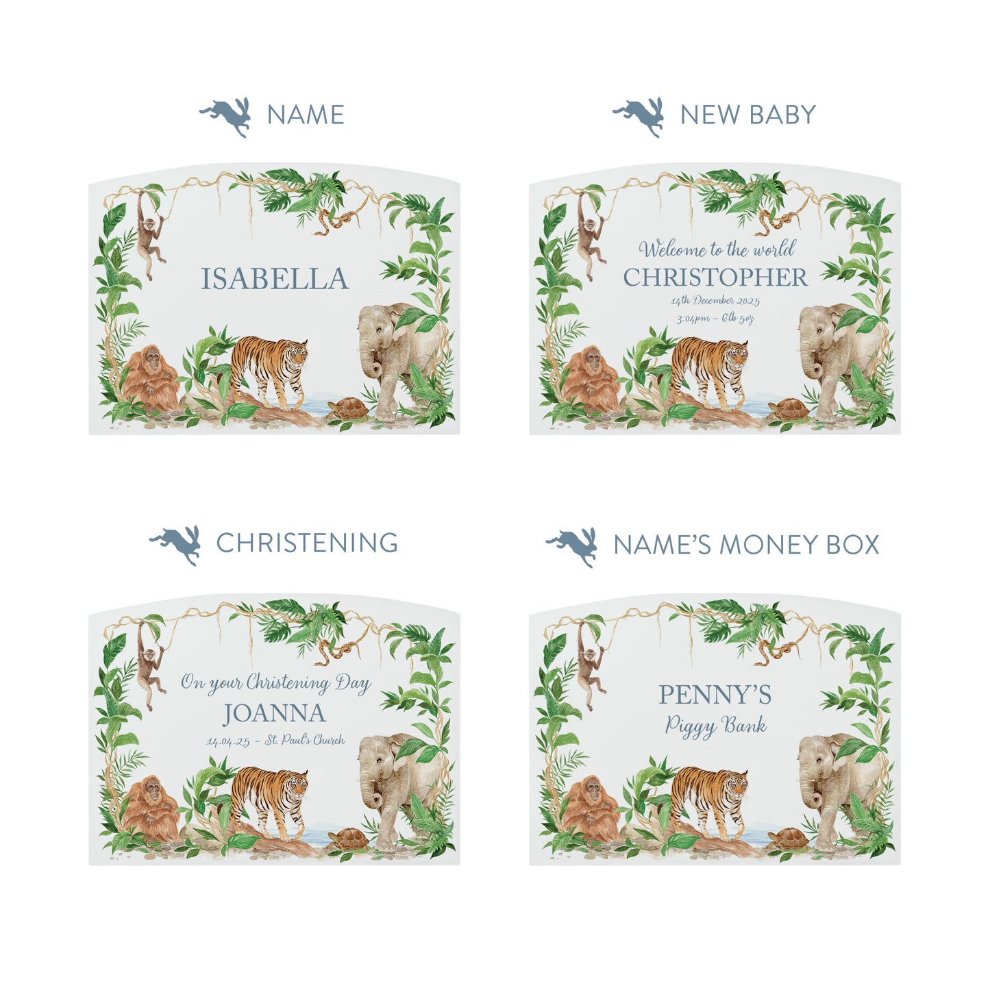 Water colour design money box, Elephant, Tiger, Giraffe, Monkey, Orangutan, snake and tortoise all gather together in the rainforest opening. This money box is the perfect new baby gift for a jungle/rainforest themed nursery or bedroom.  