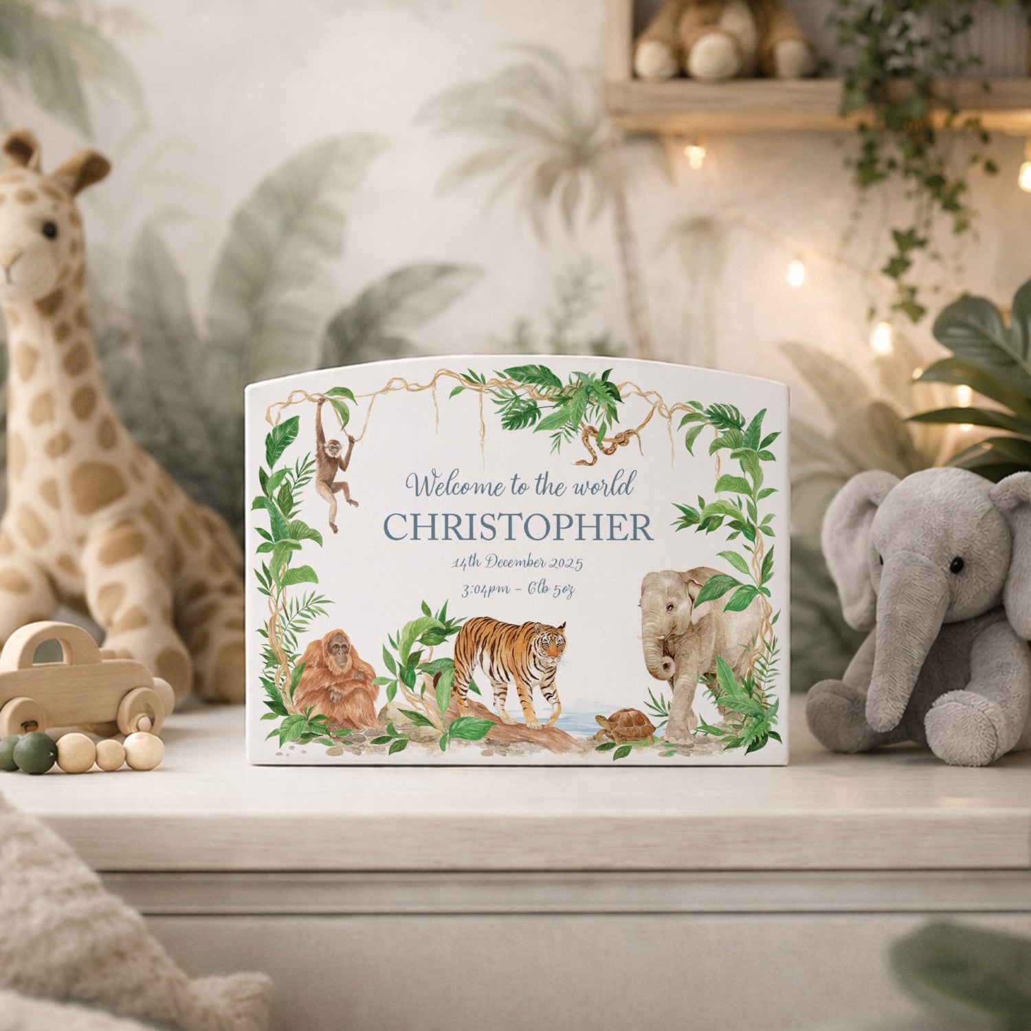Water colour design money box, Elephant, Tiger, Giraffe, Monkey, Orangutan, snake and tortoise all gather together in the rainforest opening. This money box is the perfect new baby gift for a jungle/rainforest themed nursery or bedroom.  