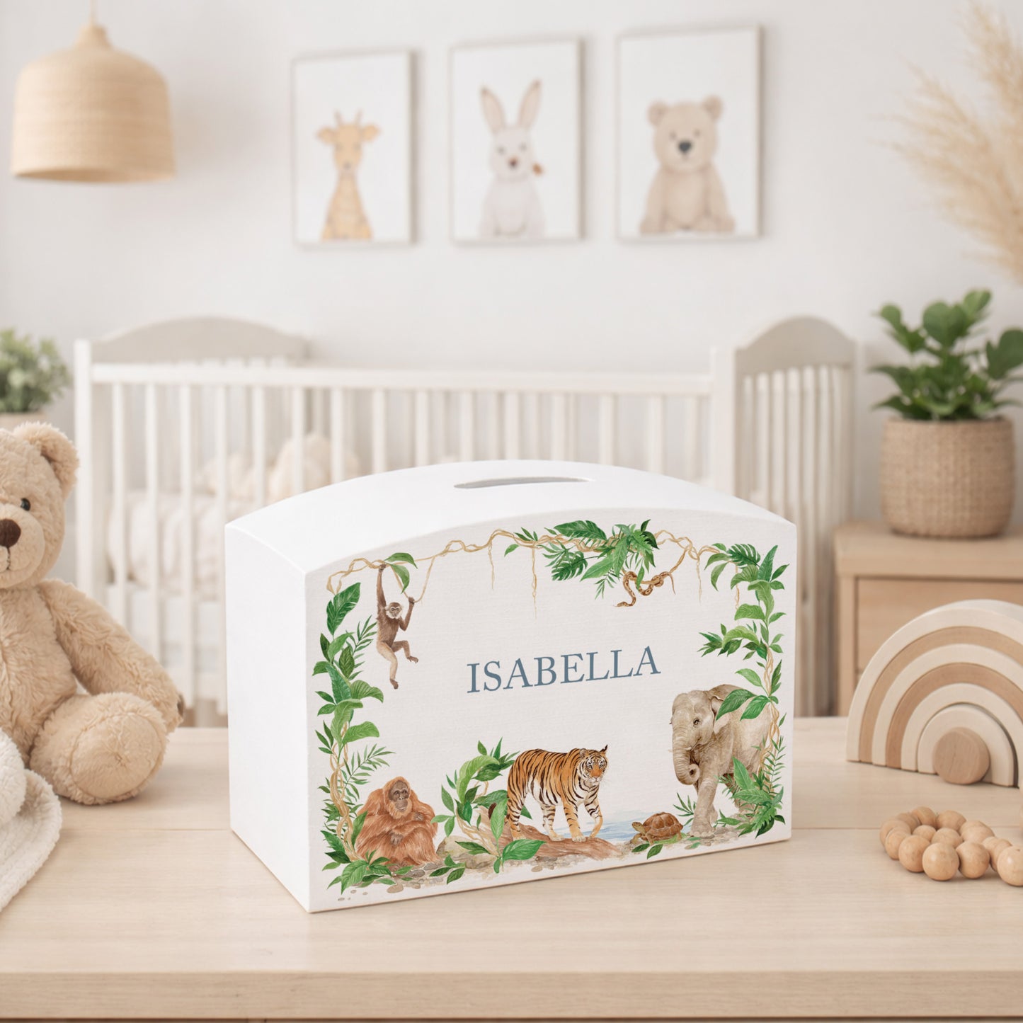 Water colour design money box, Elephant, Tiger, Giraffe, Monkey, Orangutan, snake and tortoise all gather together in the rainforest opening. This money box is the perfect new baby gift for a jungle/rainforest themed nursery or bedroom.  