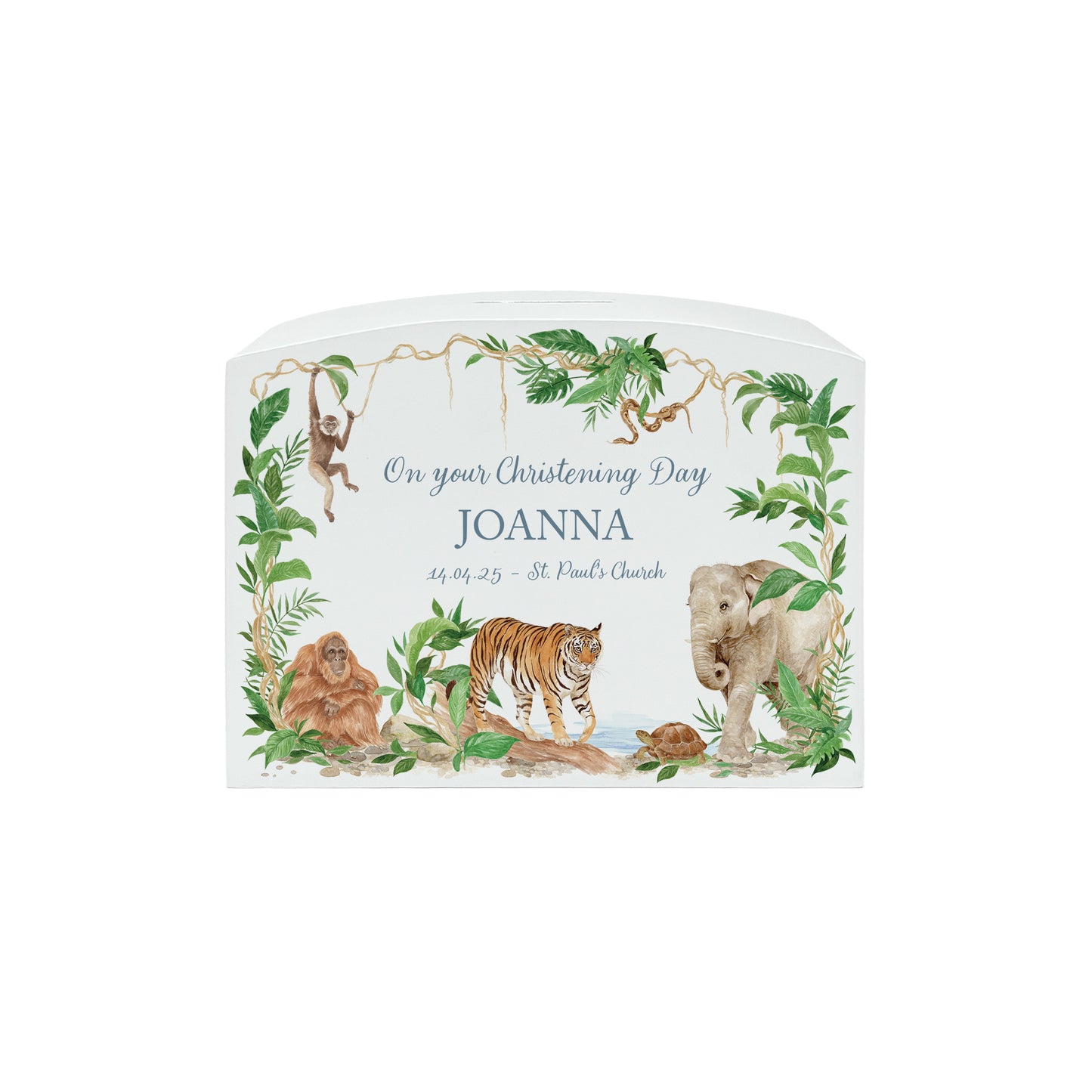 Water colour design money box, Elephant, Tiger, Giraffe, Monkey, Orangutan, snake and tortoise all gather together in the rainforest opening. This money box is the perfect new baby gift for a jungle/rainforest themed nursery or bedroom.  