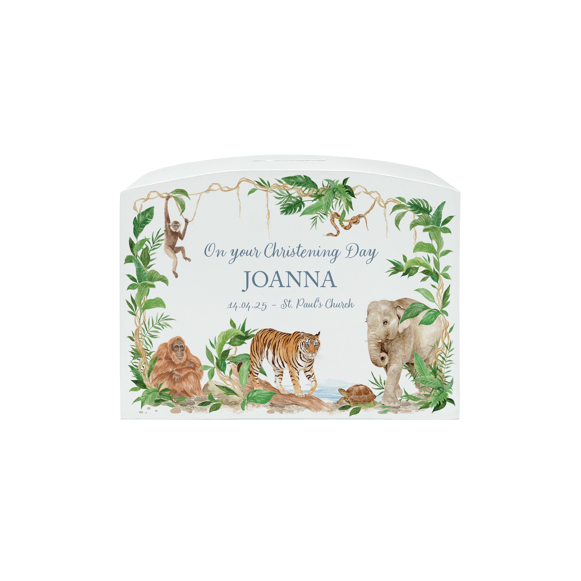 Water colour design money box, Elephant, Tiger, Giraffe, Monkey, Orangutan, snake and tortoise all gather together in the rainforest opening. This money box is the perfect new baby gift for a jungle/rainforest themed nursery or bedroom.  