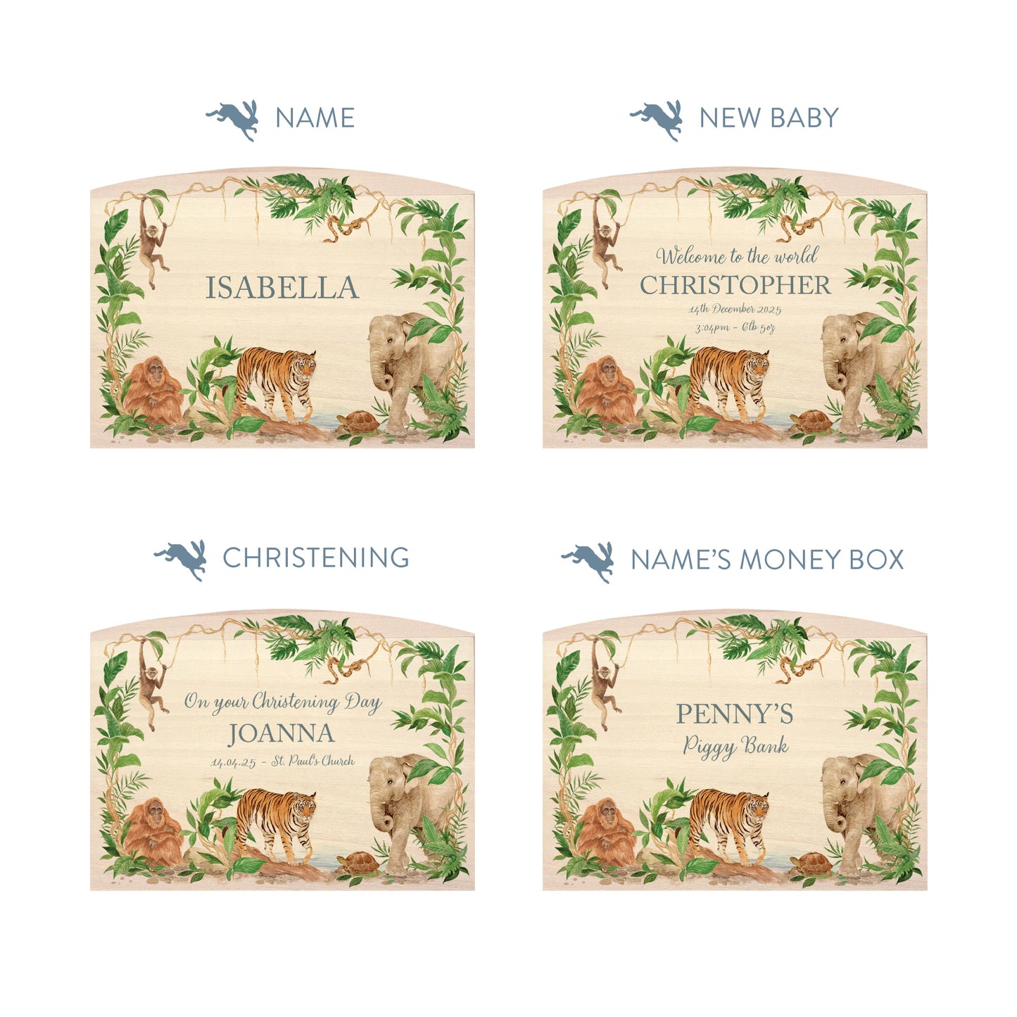 personalised handmade baby money box with watercolour animals in childrens bedroom jungle themed