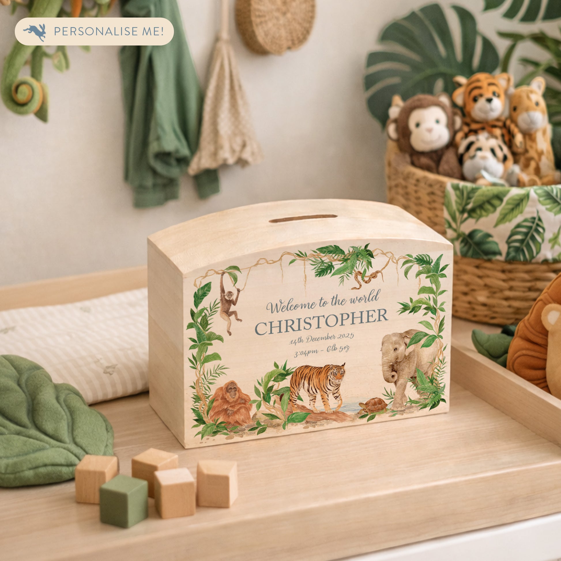 personalised handmade baby money box with watercolour animals in childrens bedroom jungle themed