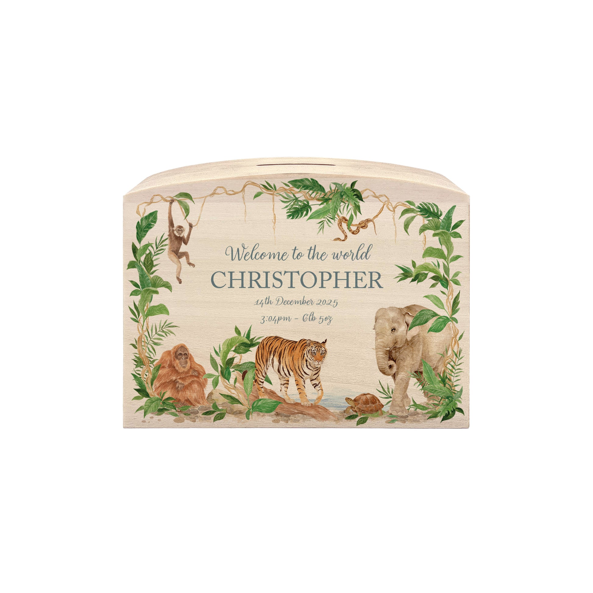 personalised handmade baby money box with watercolour animals in childrens bedroom jungle themed
