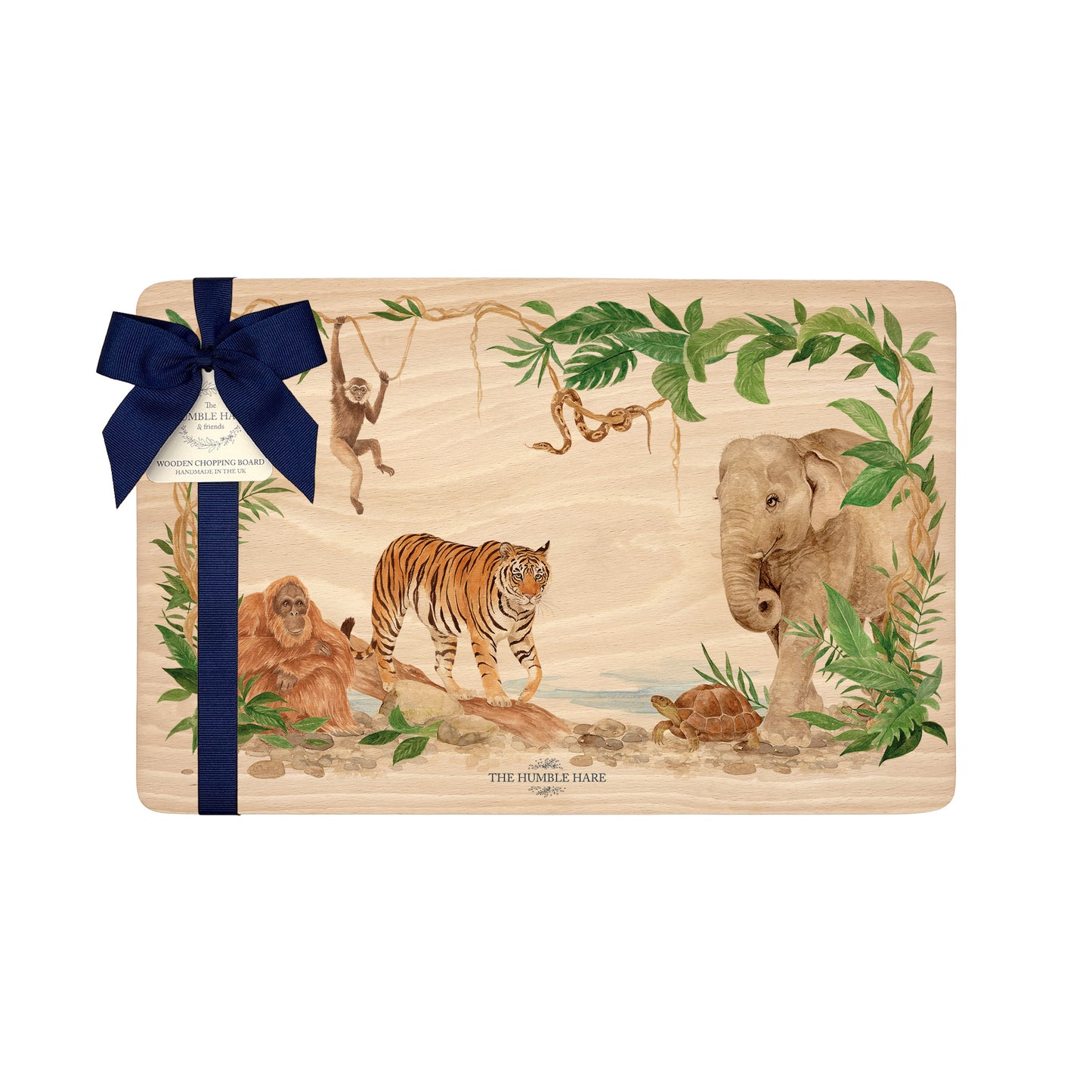 Rainforest design featuring an elephant, Tiger, gibbon, snake, orangutan and tortoise. perfect chopping board gift. 