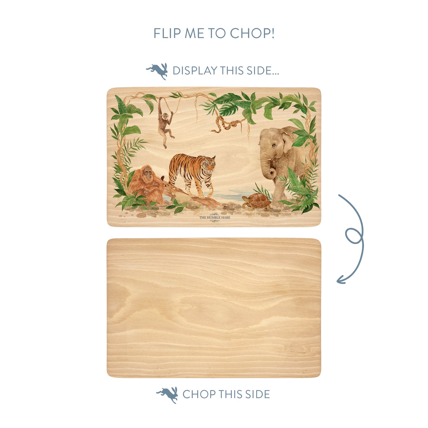 Rainforest design featuring an elephant, Tiger, gibbon, snake, orangutan and tortoise. perfect chopping board gift. 