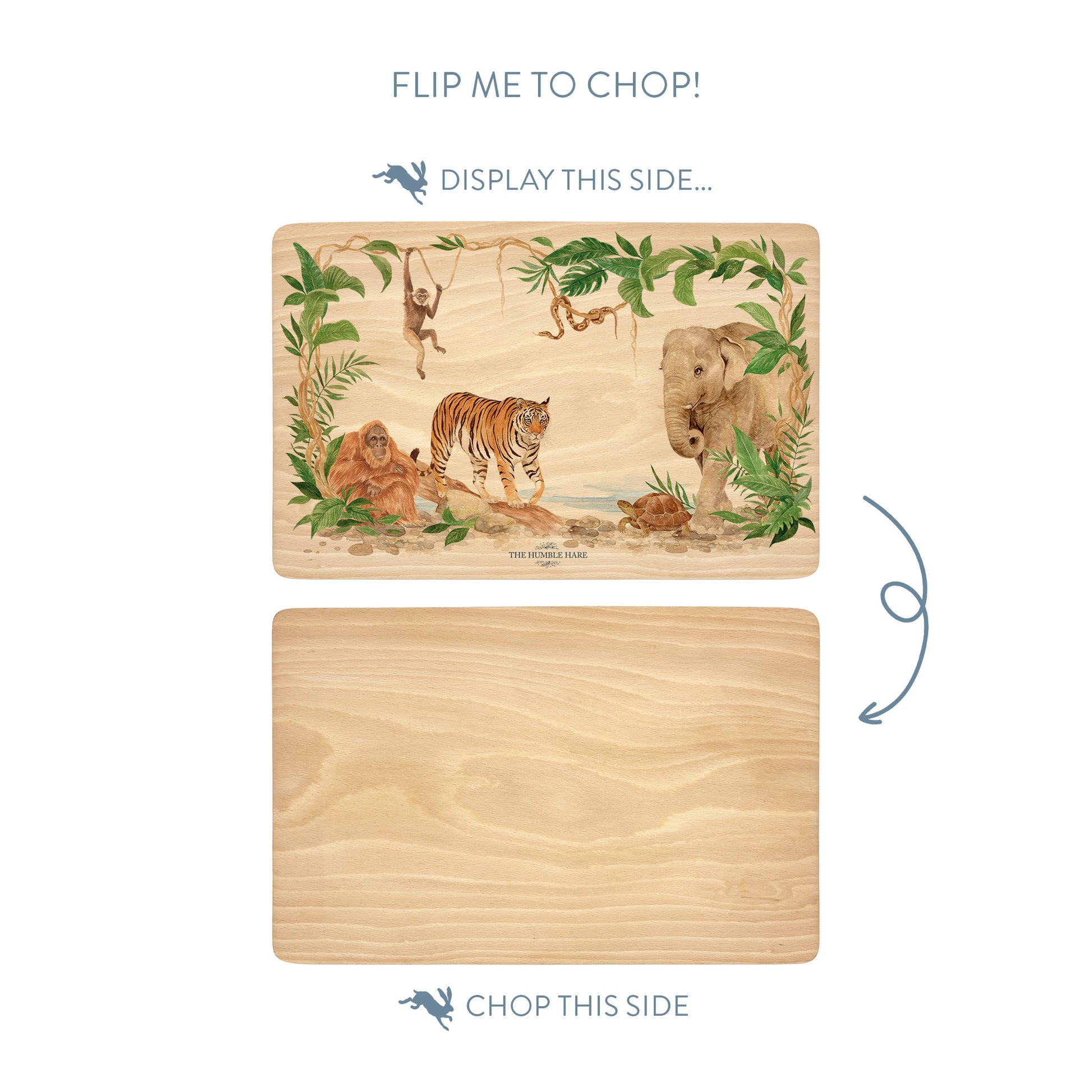Rainforest design featuring an elephant, Tiger, gibbon, snake, orangutan and tortoise. perfect chopping board gift. 