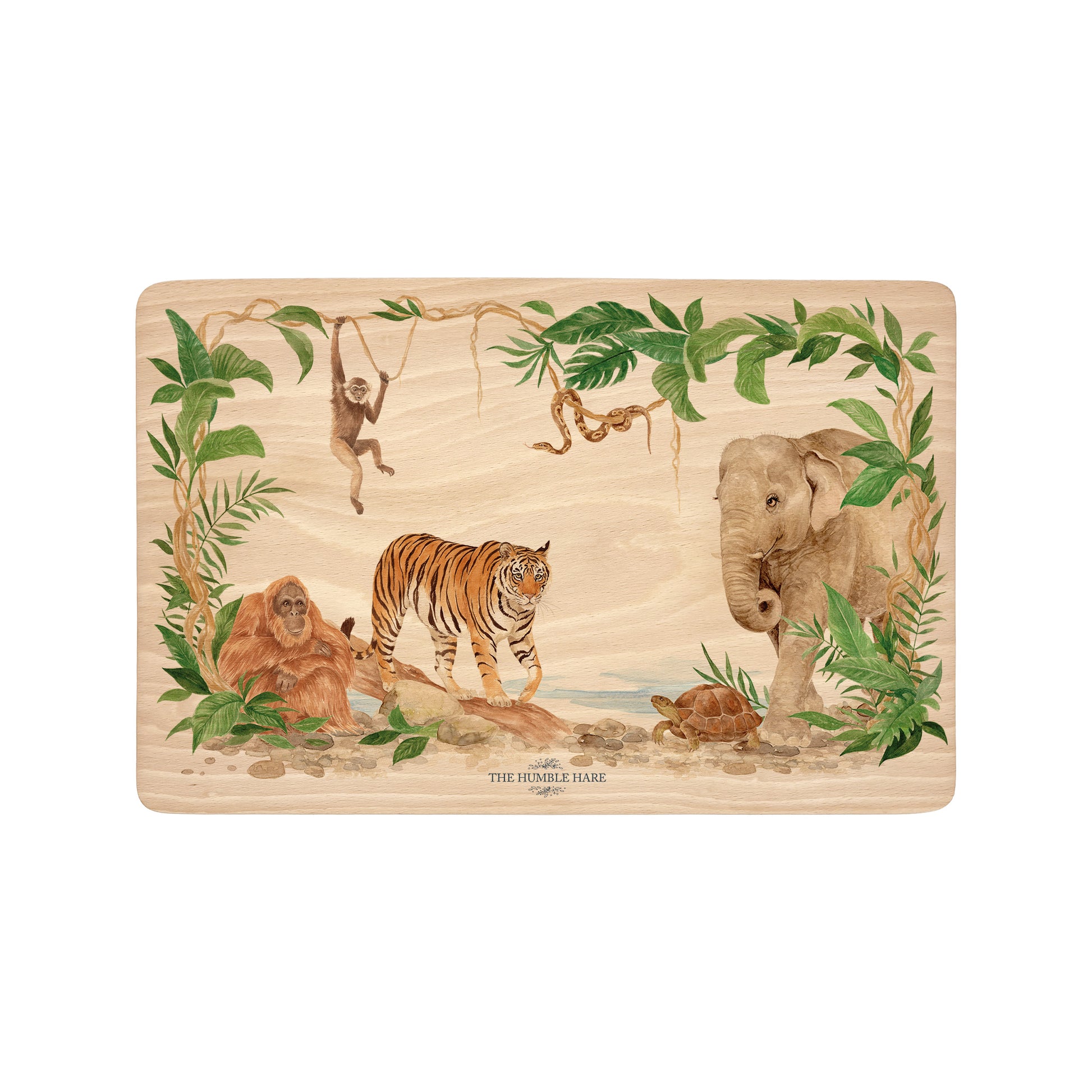 Rainforest design featuring an elephant, Tiger, gibbon, snake, orangutan and tortoise. perfect chopping board gift. 