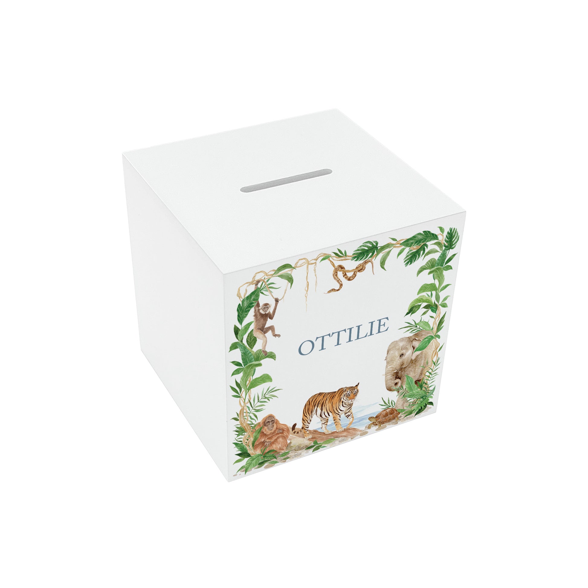 watercolour baby animals money box handmade gift for new baby, rainforest animals prowling through the rainforest. 