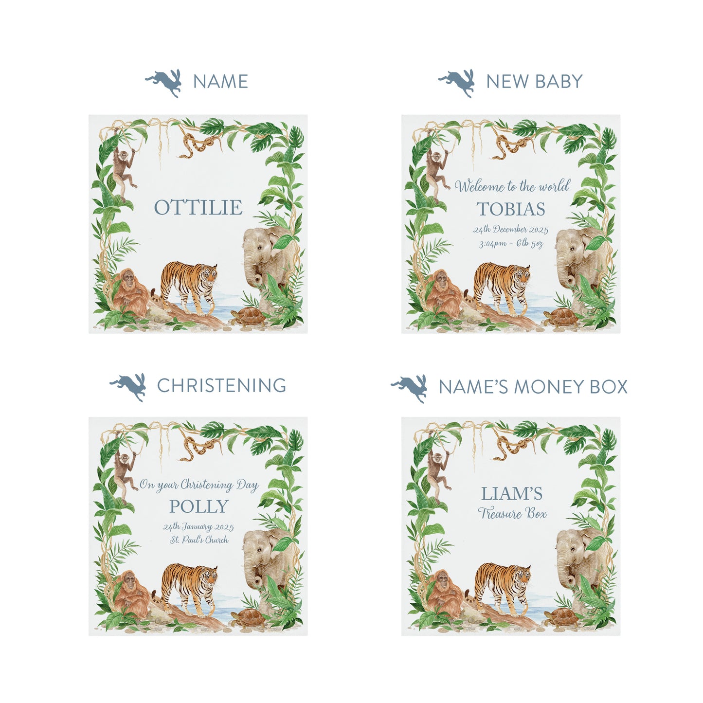 watercolour baby animals money box handmade gift for new baby, rainforest animals prowling through the rainforest. 