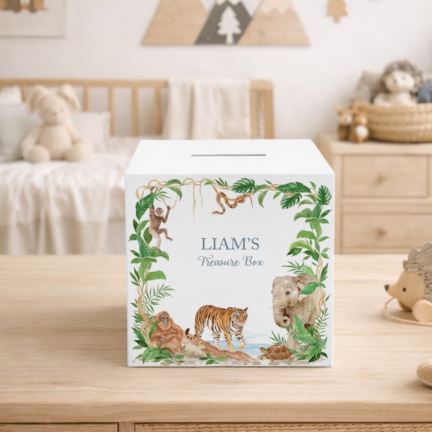 watercolour baby animals money box handmade gift for new baby, rainforest animals prowling through the rainforest. 