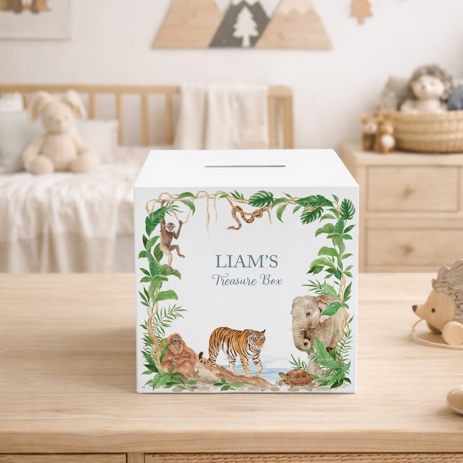 watercolour baby animals money box handmade gift for new baby, rainforest animals prowling through the rainforest. 