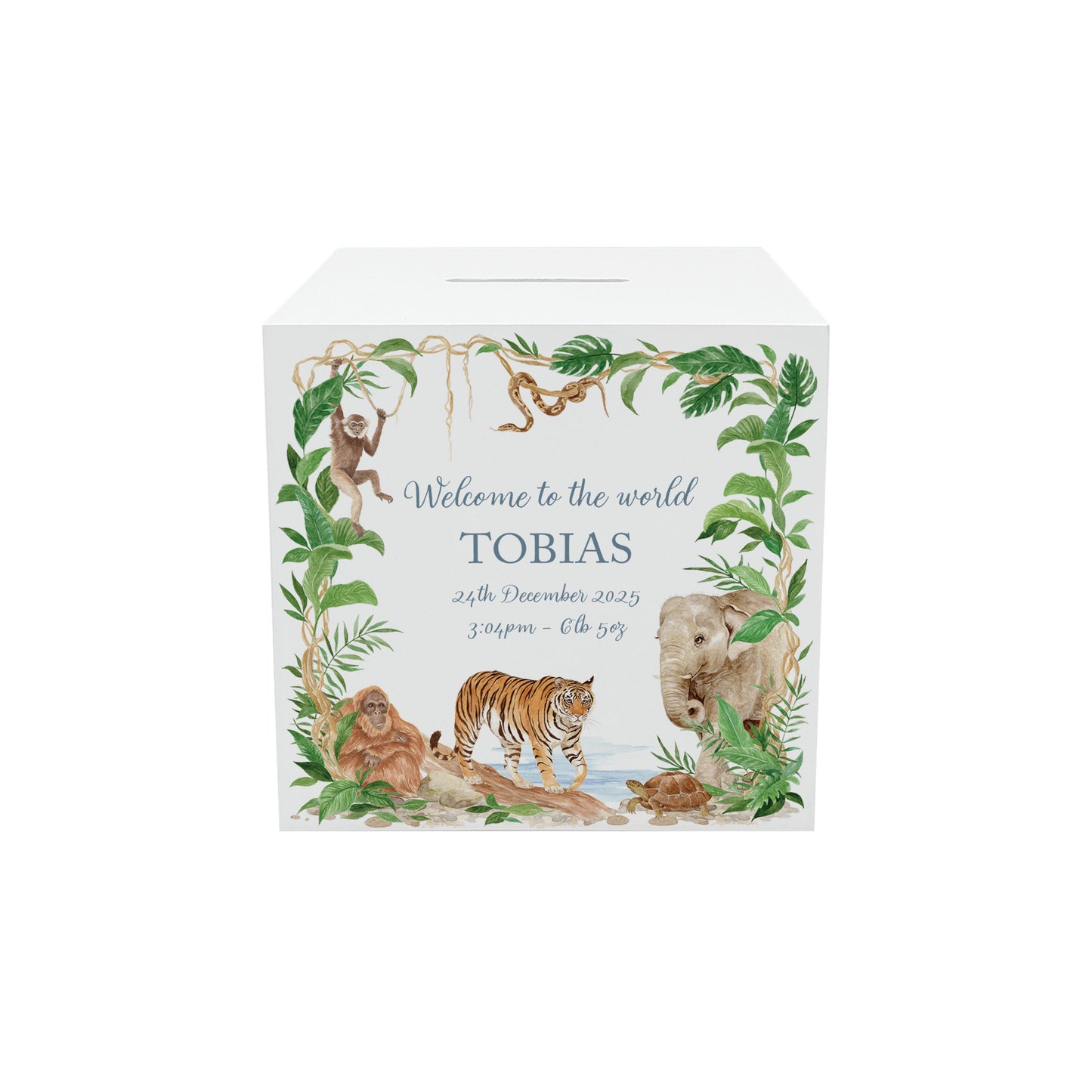 watercolour baby animals money box handmade gift for new baby, rainforest animals prowling through the rainforest. 