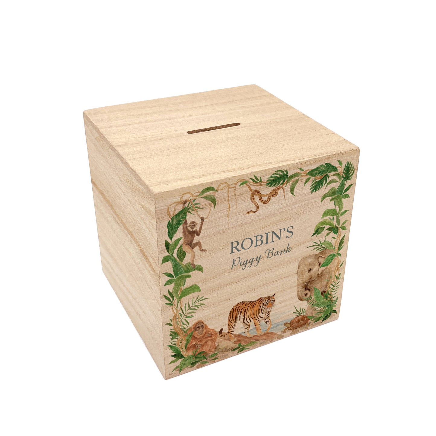 wooden handmade money box styled in childrens bedroom with soft decor, the perfect design with all of the Jungle Animals in. 