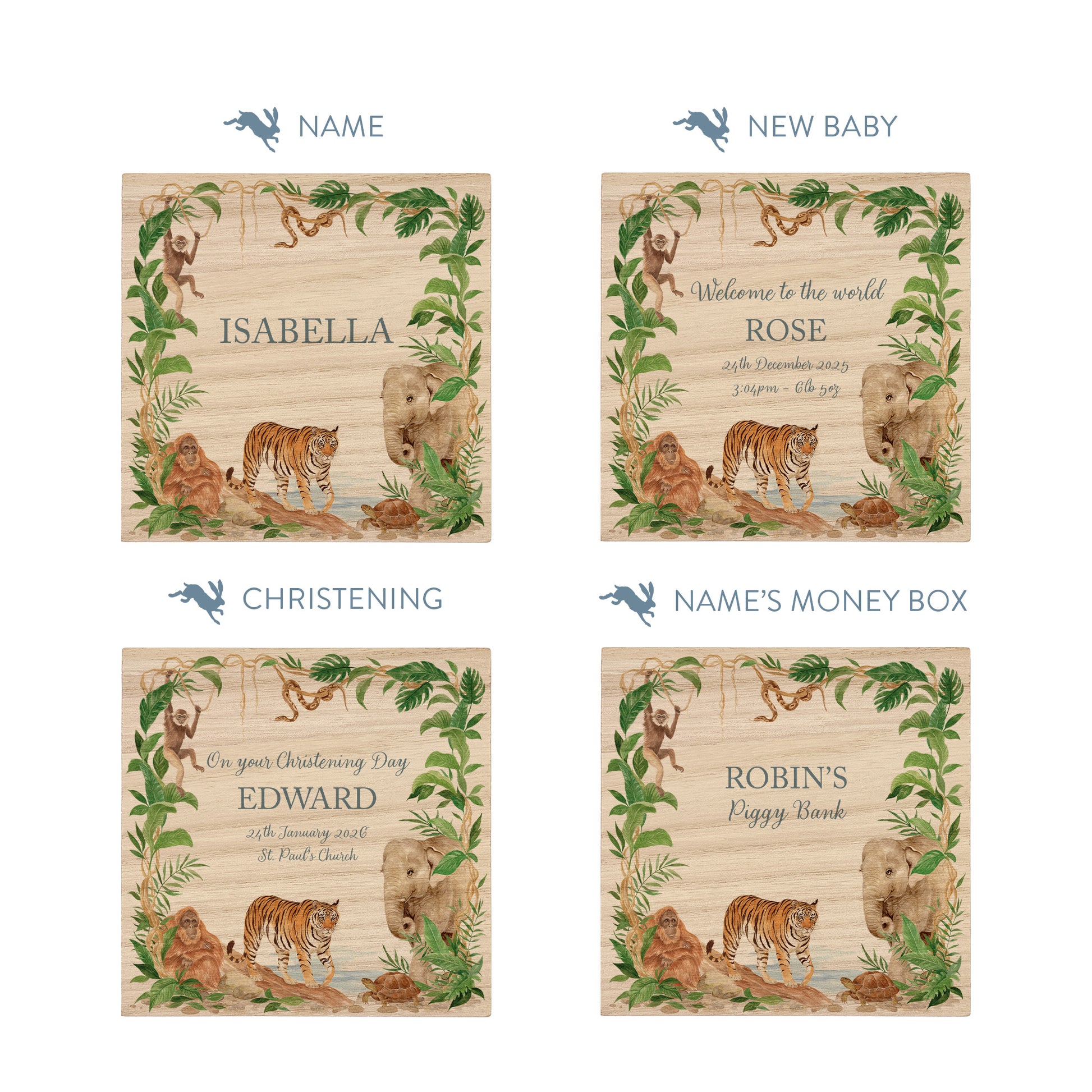 wooden handmade money box styled in childrens bedroom with soft decor, the perfect design with all of the Jungle Animals in. 