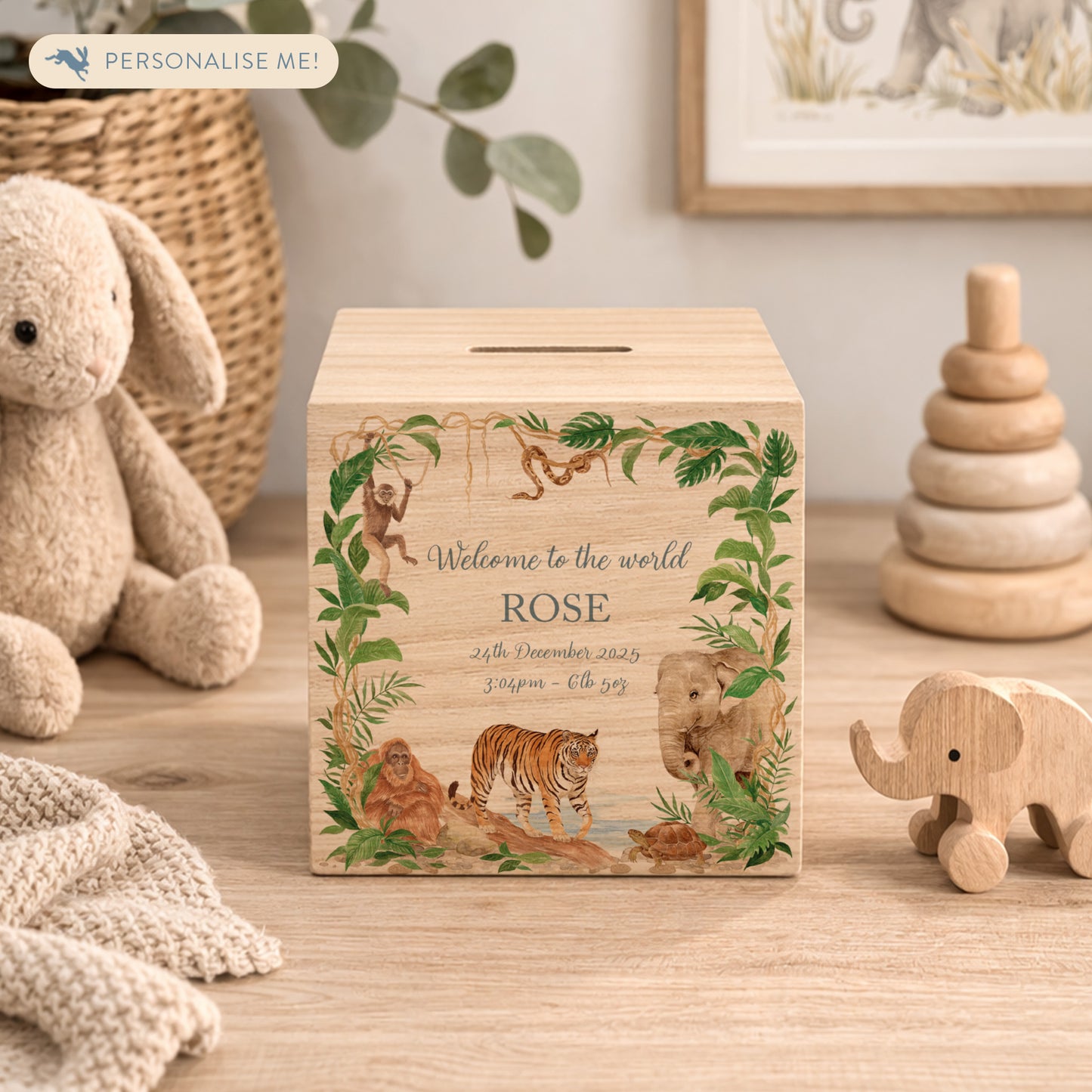 wooden handmade money box styled in childrens bedroom with soft decor, the perfect design with all of the Jungle Animals in. 