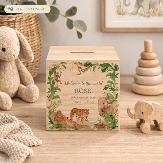 wooden handmade money box styled in childrens bedroom with soft decor, the perfect design with all of the Jungle Animals in. 