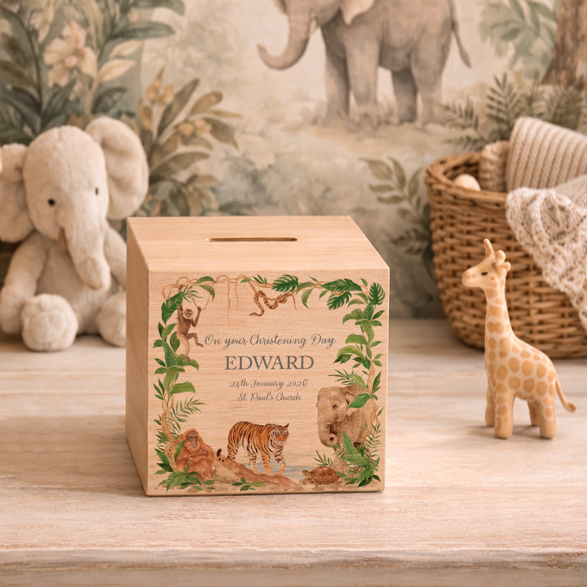 wooden handmade money box styled in childrens bedroom with soft decor, the perfect design with all of the Jungle Animals in. 