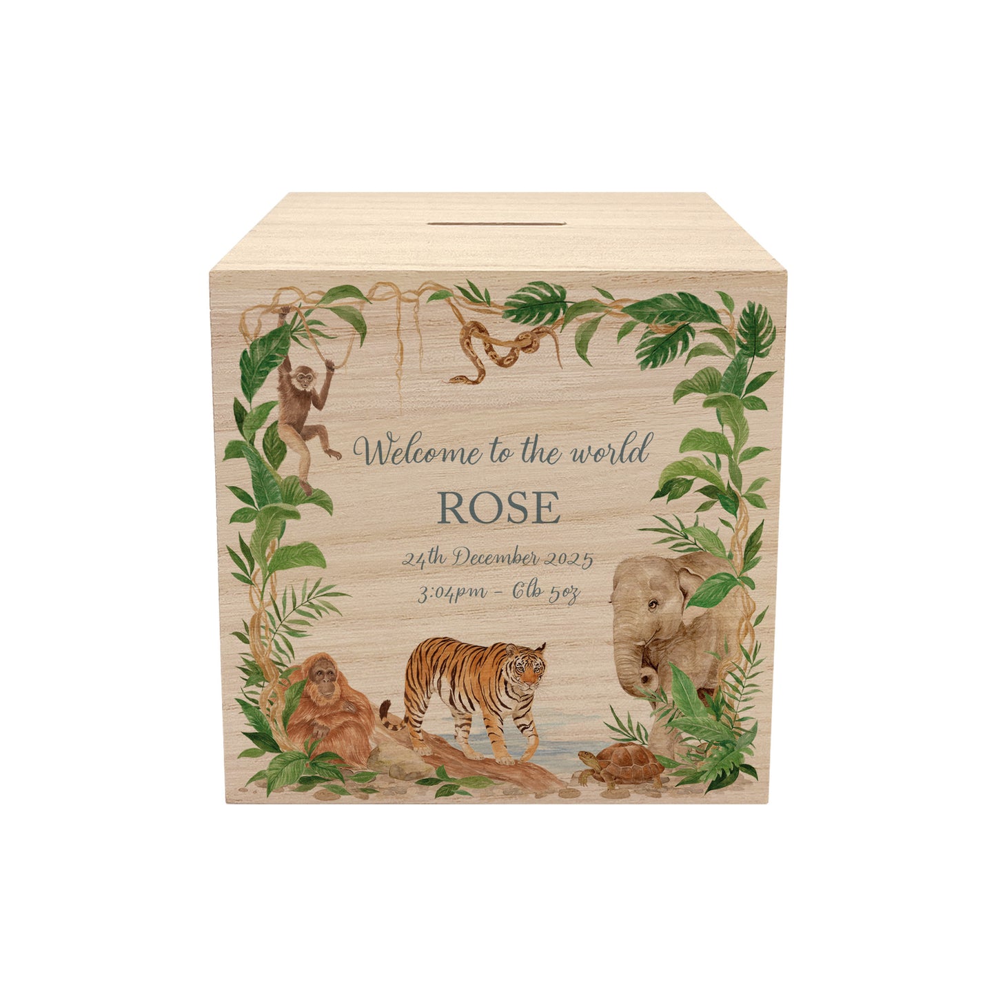 wooden handmade money box styled in childrens bedroom with soft decor, the perfect design with all of the Jungle Animals in. 