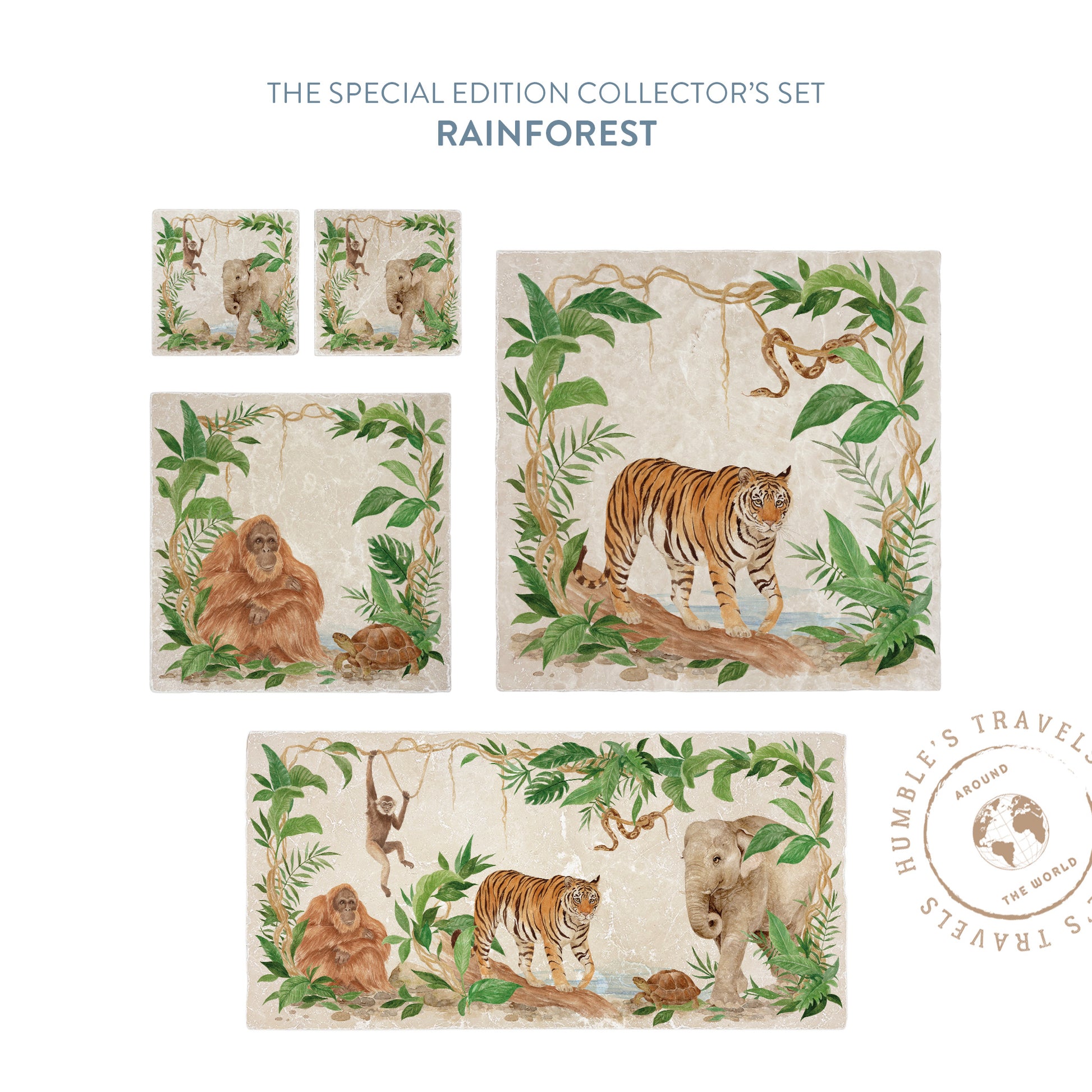 Welcoming our Rainforest Design, surrounded by the rainforest leaves and vines. Capture our Tiger and Python , Orangutan and Tortoise, Elephant and Gibbon quietly prowling through the Rainforest, Illustrated in our  original watercolour designs on Sharing Serving Large Placemat, Coaster and Medium worktop protector  Platter.