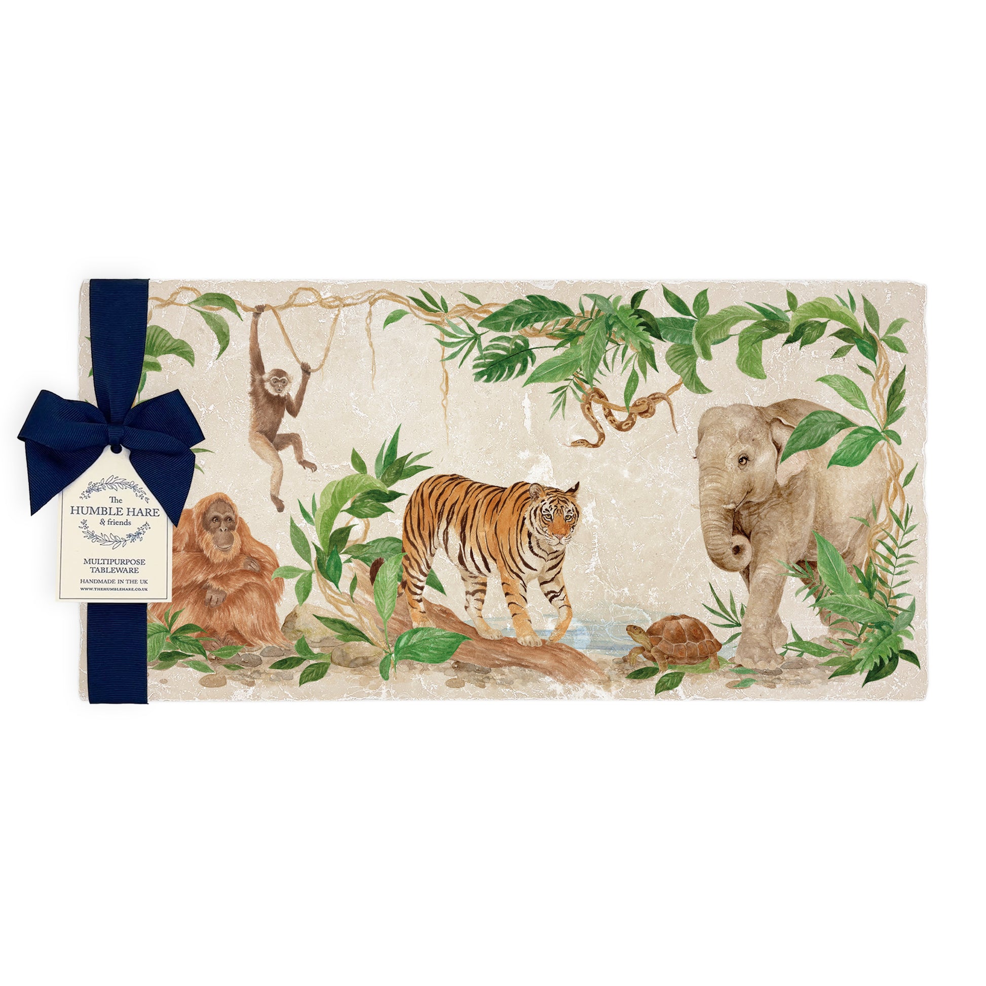 Welcoming our Rainforest Design, surrounded by the rainforest leaves and vines. Capture our Tiger and Python , Orangutan and Tortoise, Elephant and Gibbon quietly prowling through the Rainforest, Illustrated in our  original watercolour designs on Sharing Serving Large Placemat, Coaster and Medium worktop protector  Platter.