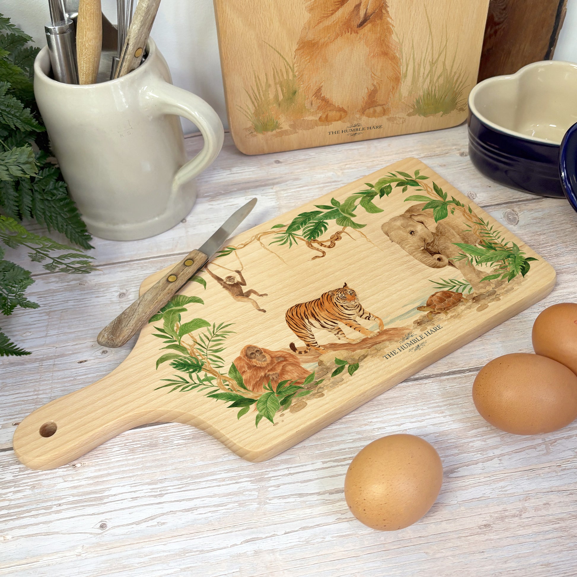 Rainforest Animals featuring on our wooden chopping boards. 