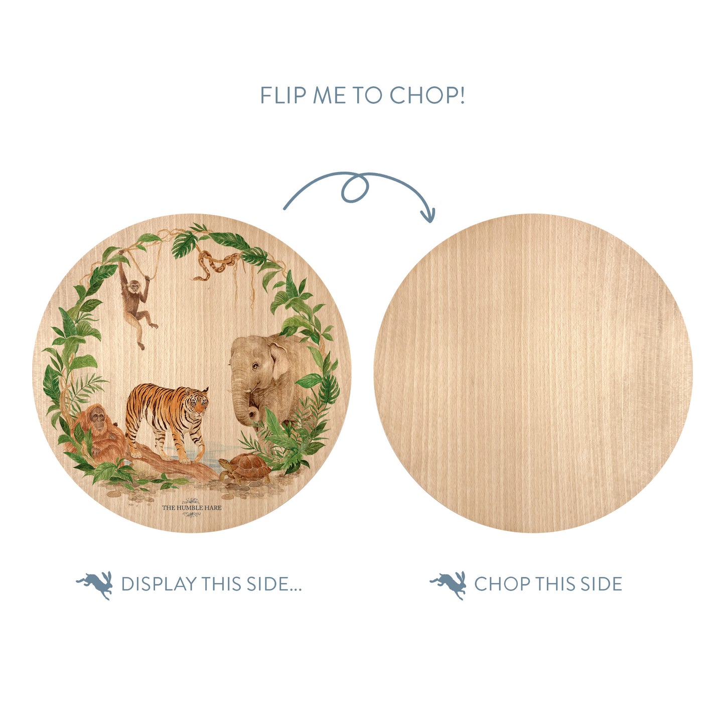 Wooden cutting board with a rainforest animal illustration on one side and plain wood on the other, with text indicating which side to display and which to chop.
