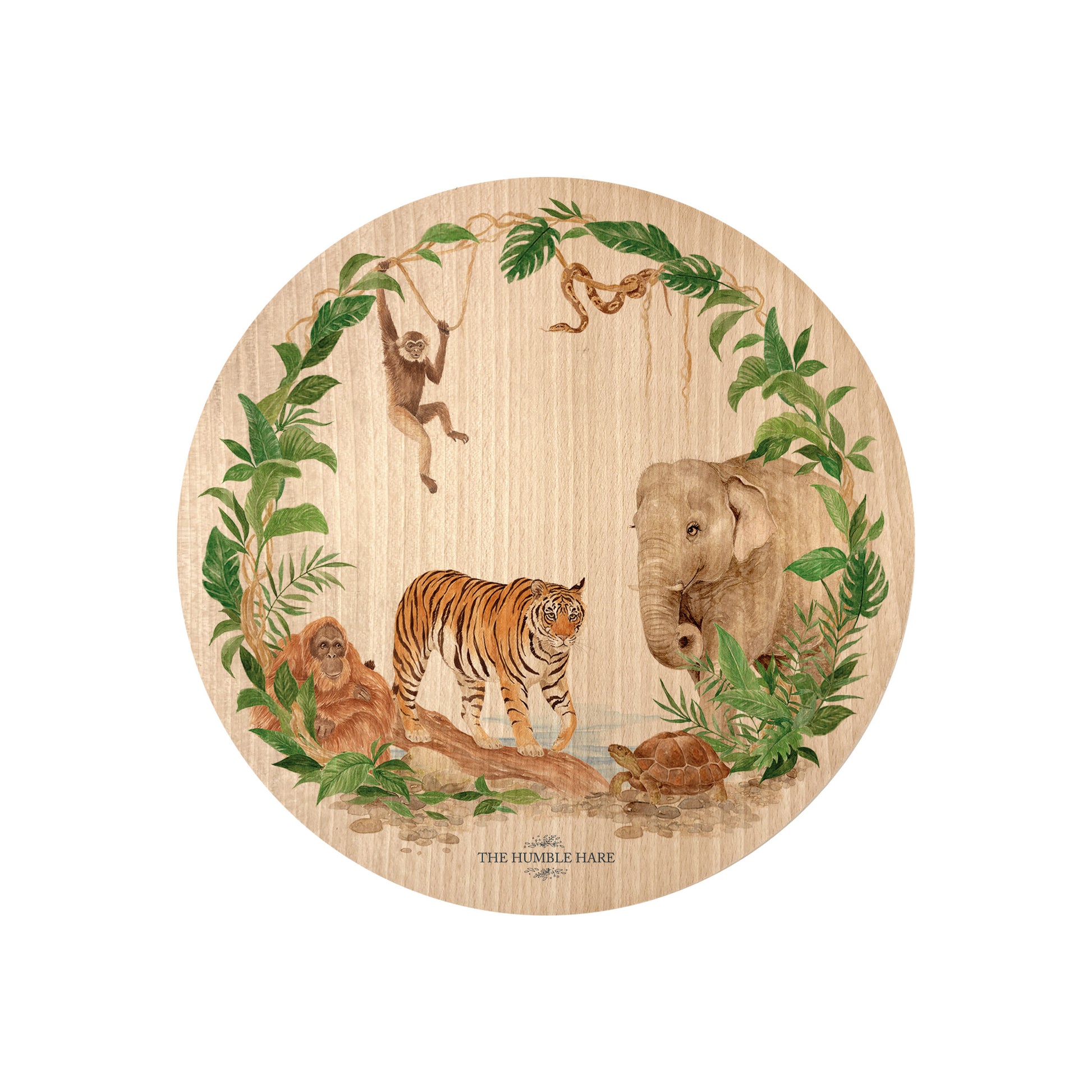 Round beech wood chopping board featuring a watercolour design of rainforest animals in the jungle.