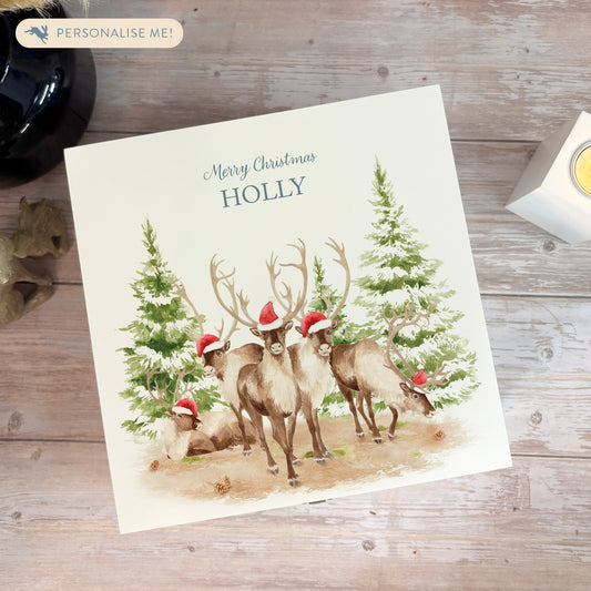 White Wooden Christmas Eve box, perfect for Christmas sweets and treats. A great Keepsake box with Santa's Reindeer with Santa hats ready to enjoy the Christmas festivities. 