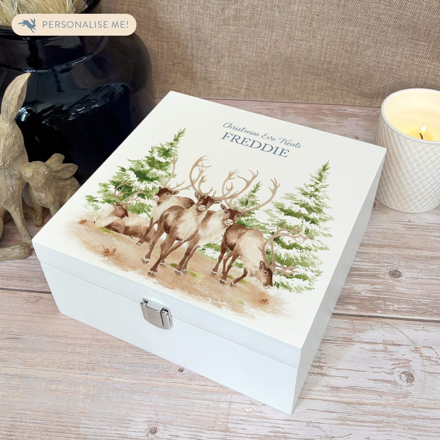 White Wooden Christmas Eve box, perfect for Christmas sweets and treats. A great Keepsake box with Santa's Reindeer with Santa hats ready to enjoy the Christmas festivities. 