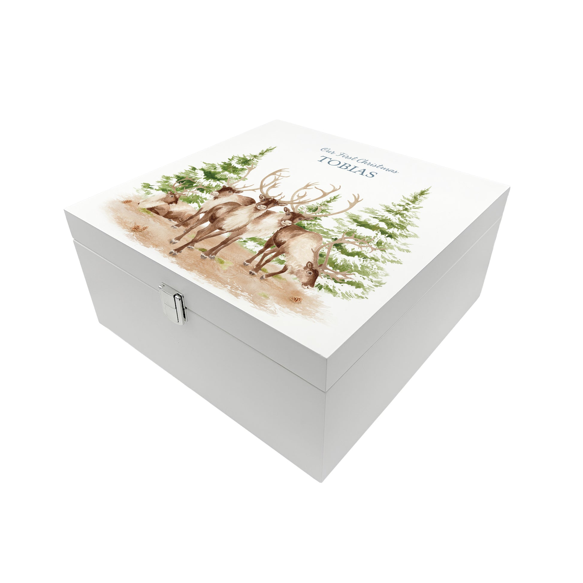 White Wooden Christmas Eve box, perfect for Christmas sweets and treats. A great Keepsake box with Santa's Reindeer with Santa hats ready to enjoy the Christmas festivities. 