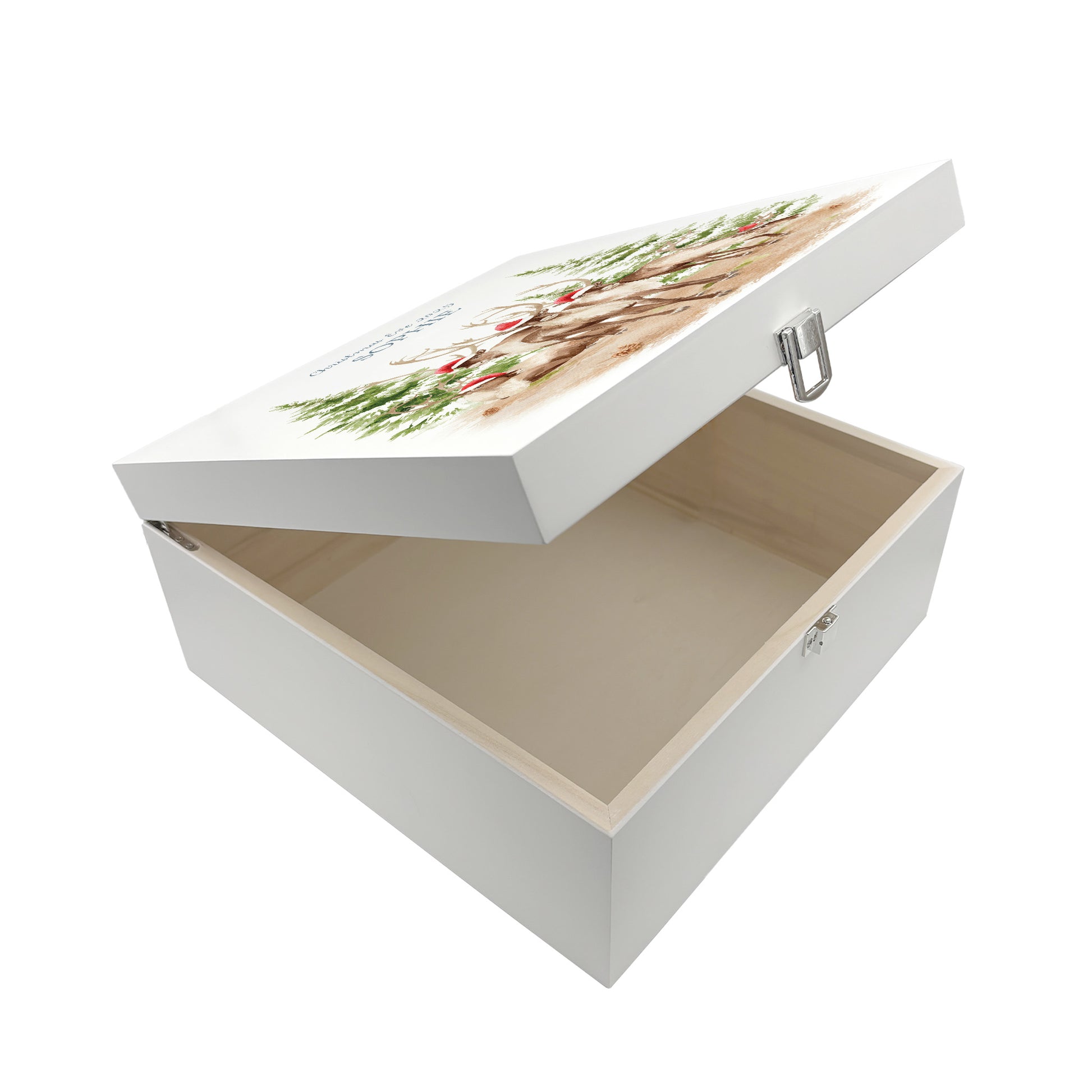 White Wooden Christmas Eve box, perfect for Christmas sweets and treats. A great Keepsake box with Santa's Reindeer with Santa hats ready to enjoy the Christmas festivities. 