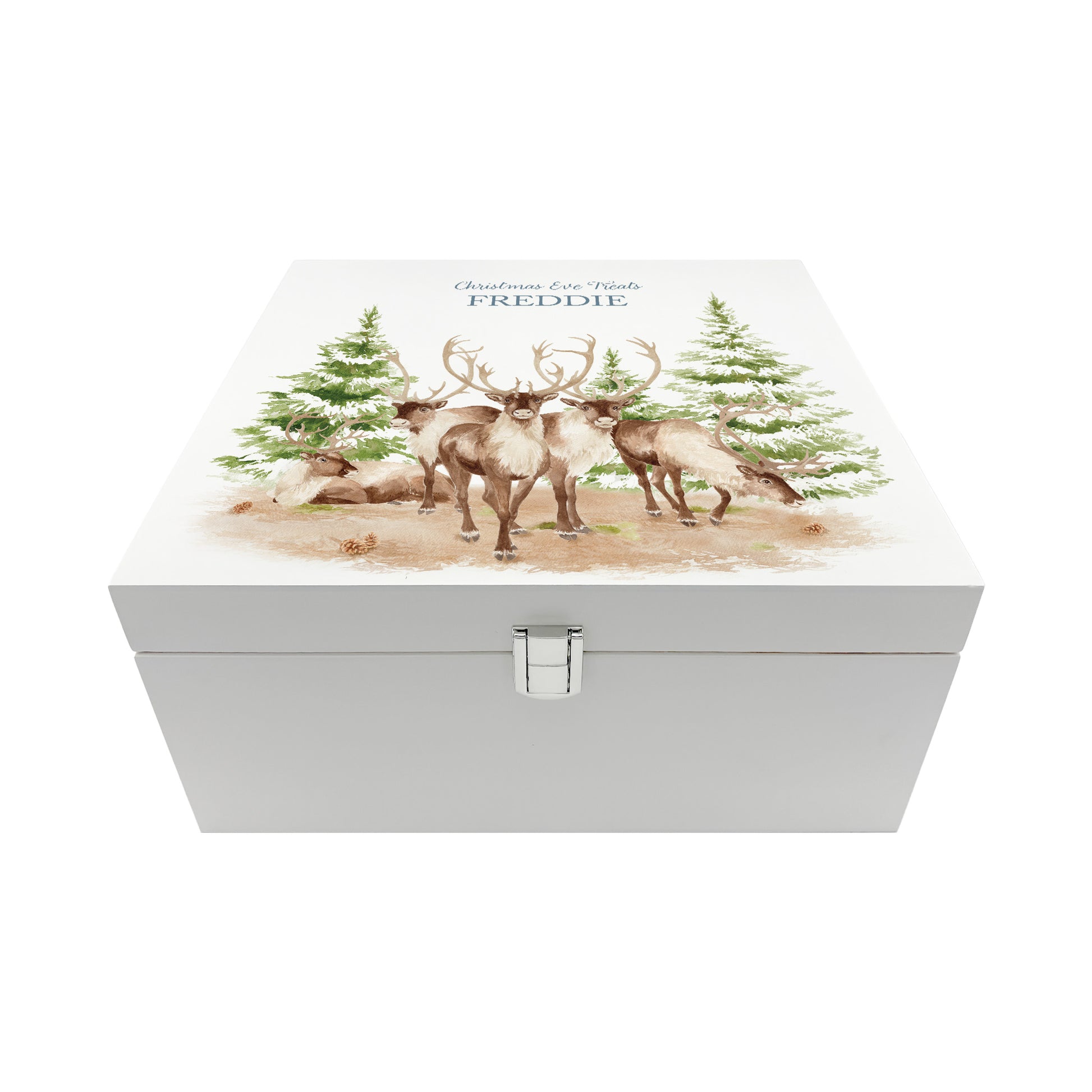 White Wooden Christmas Eve box, perfect for Christmas sweets and treats. A great Keepsake box with Santa's Reindeer with Santa hats ready to enjoy the Christmas festivities. 