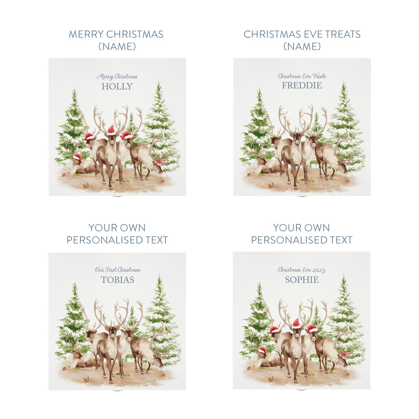 White Wooden Christmas Eve box, perfect for Christmas sweets and treats. A great Keepsake box with Santa's Reindeer with Santa hats ready to enjoy the Christmas festivities. 