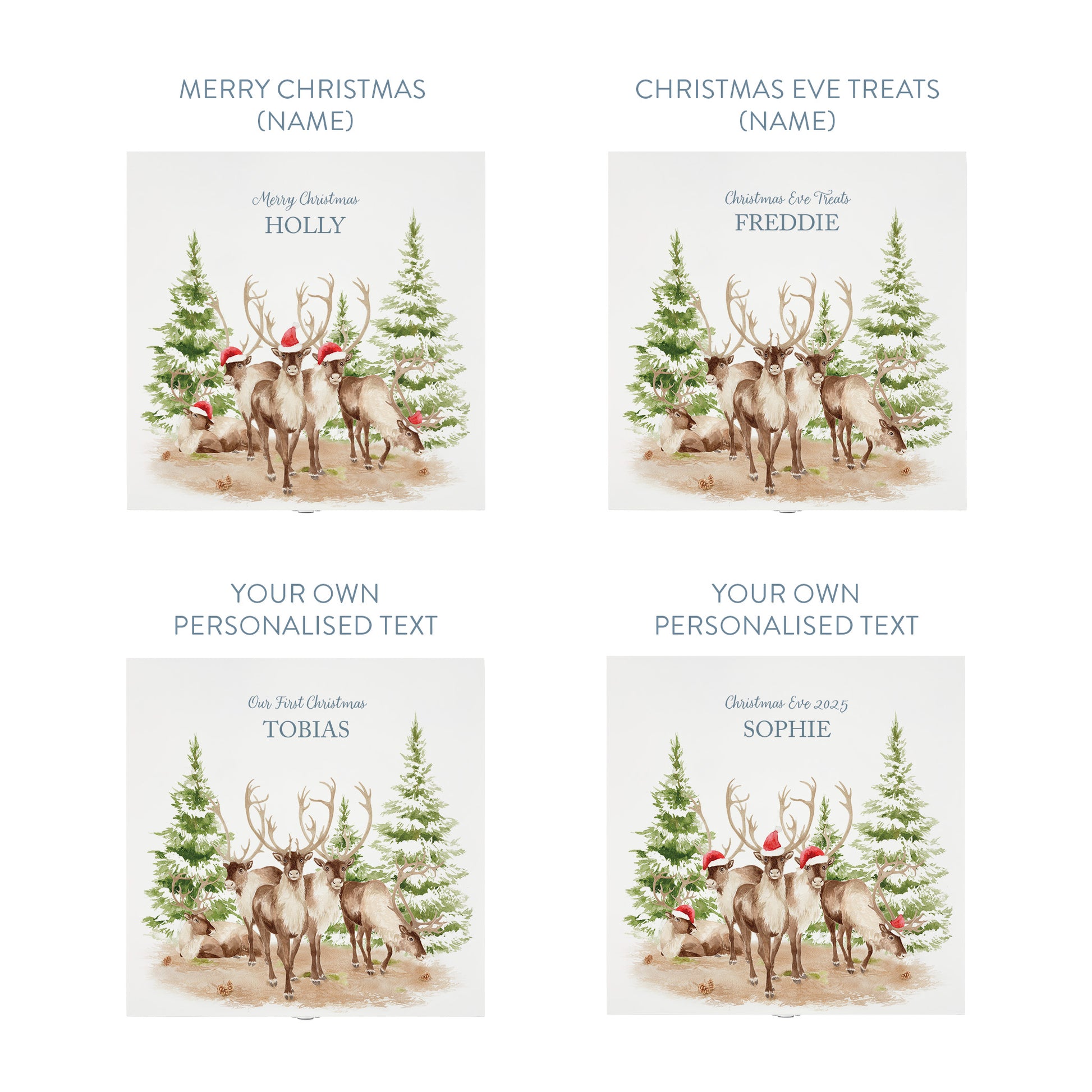 White Wooden Christmas Eve box, perfect for Christmas sweets and treats. A great Keepsake box with Santa's Reindeer with Santa hats ready to enjoy the Christmas festivities. 