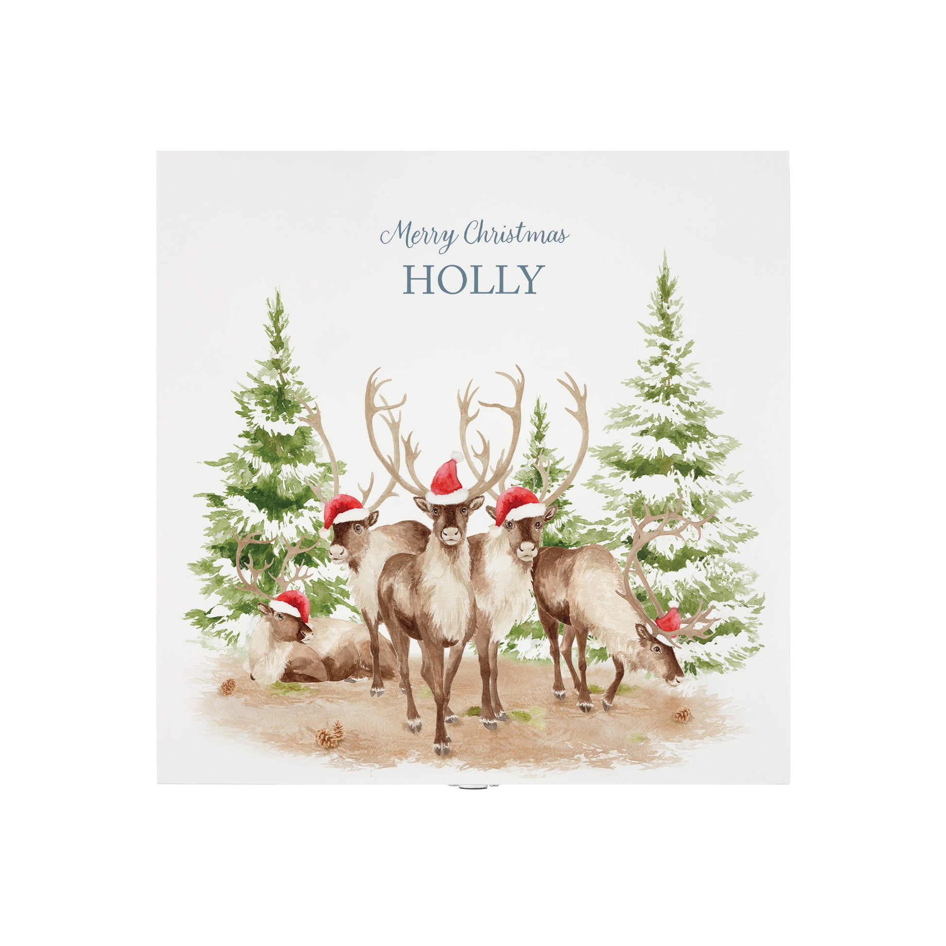 White Wooden Christmas Eve box, perfect for Christmas sweets and treats. A great Keepsake box with Santa's Reindeer with Santa hats ready to enjoy the Christmas festivities. 