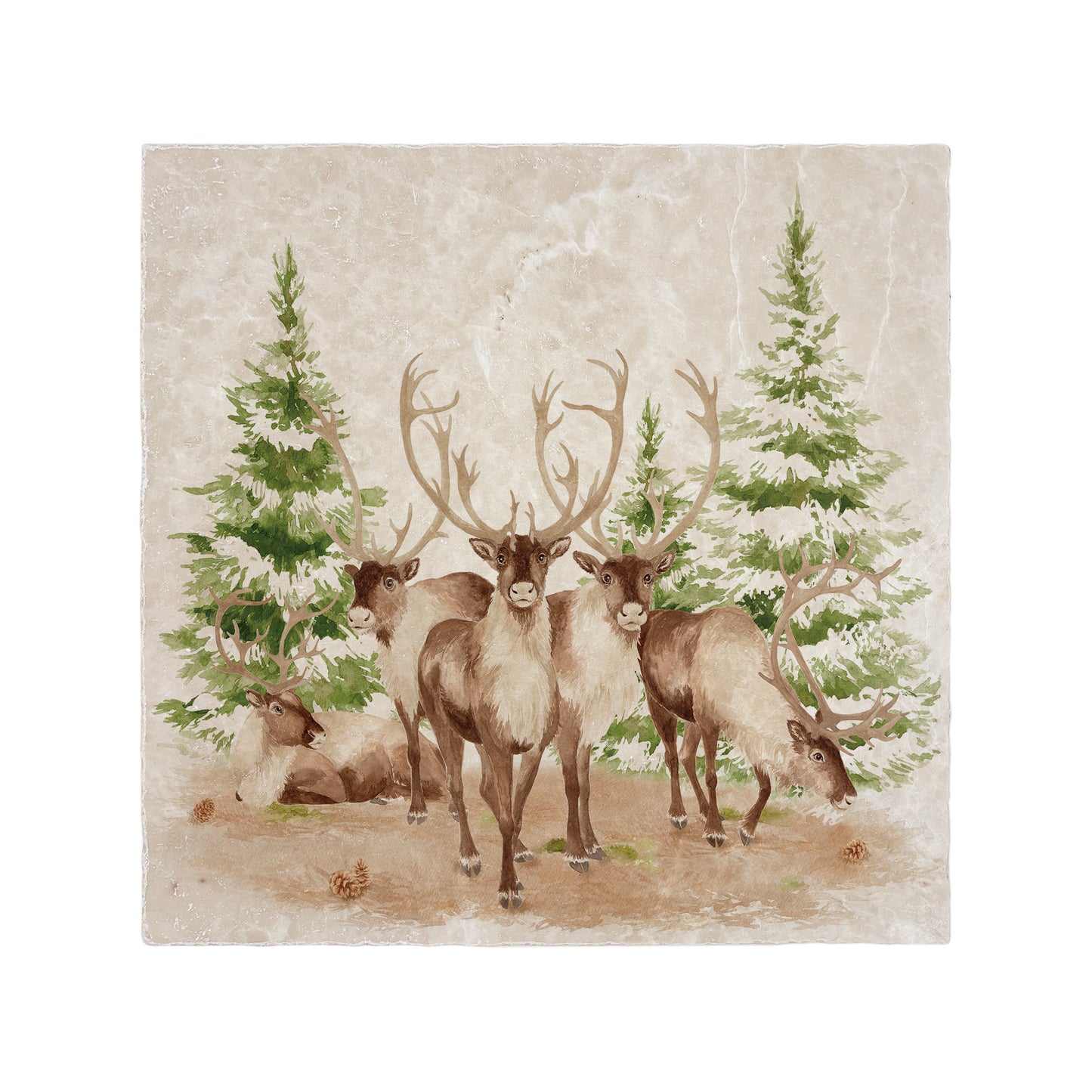 The Reindeers rest design features reindeer appearing from an opening in the wintery snowy forest. 