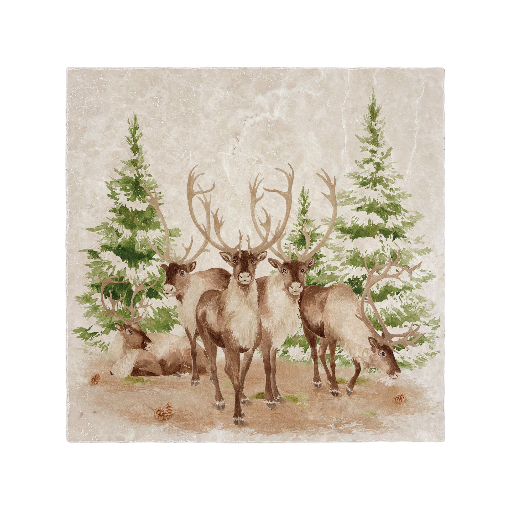 The Reindeers rest design features reindeer appearing from an opening in the wintery snowy forest. 